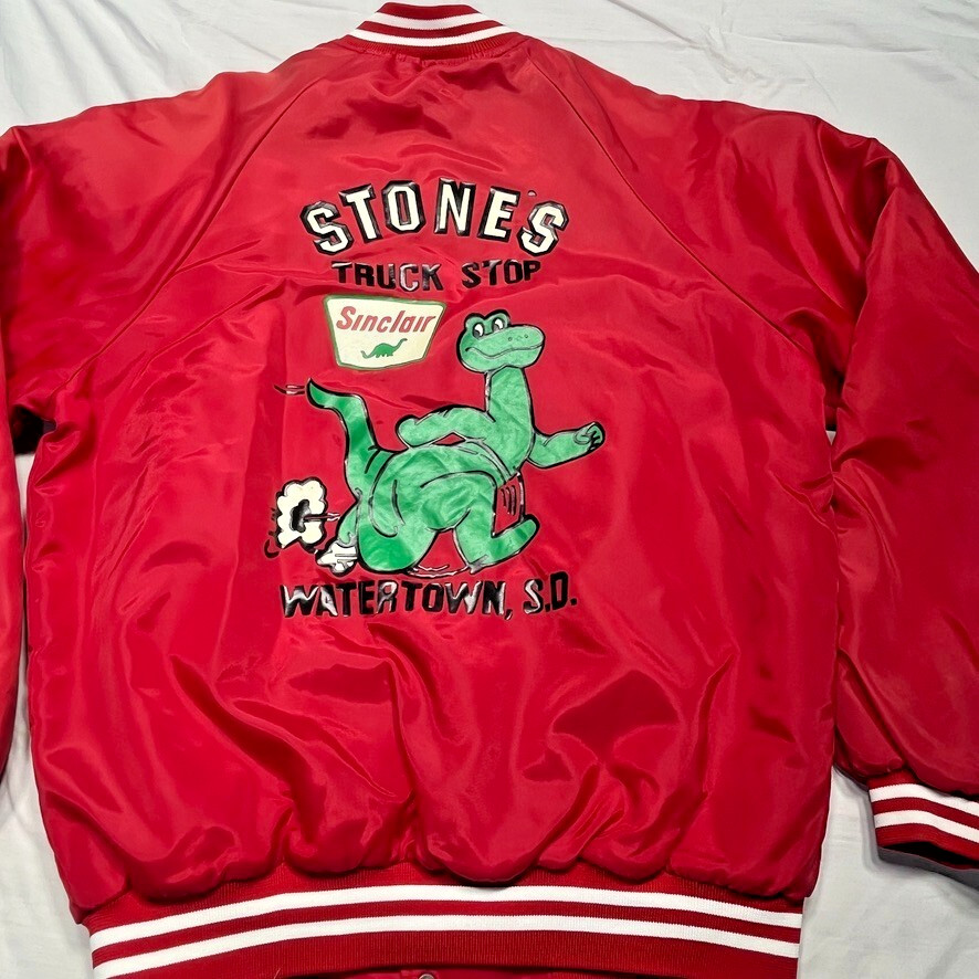 Vintage 80s Hartwell Jacket Mens Medium Red Dinosaur Truck Stop Snaps Sinclair