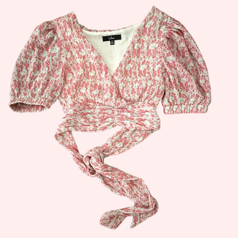 Lulus Pink Floral Puff Sleeve Wrap Crop Top Tie Waist V-Neck Size XS