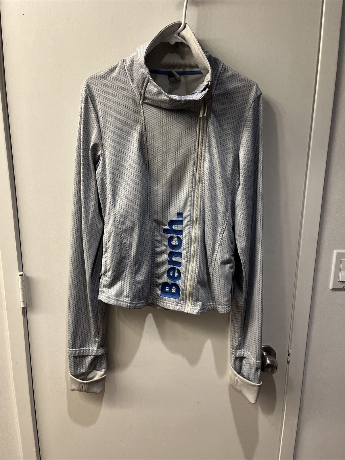 BENCH Womens Full Zip Jacket Size Lg Gray with Blue Asymmetrical Cross Fit