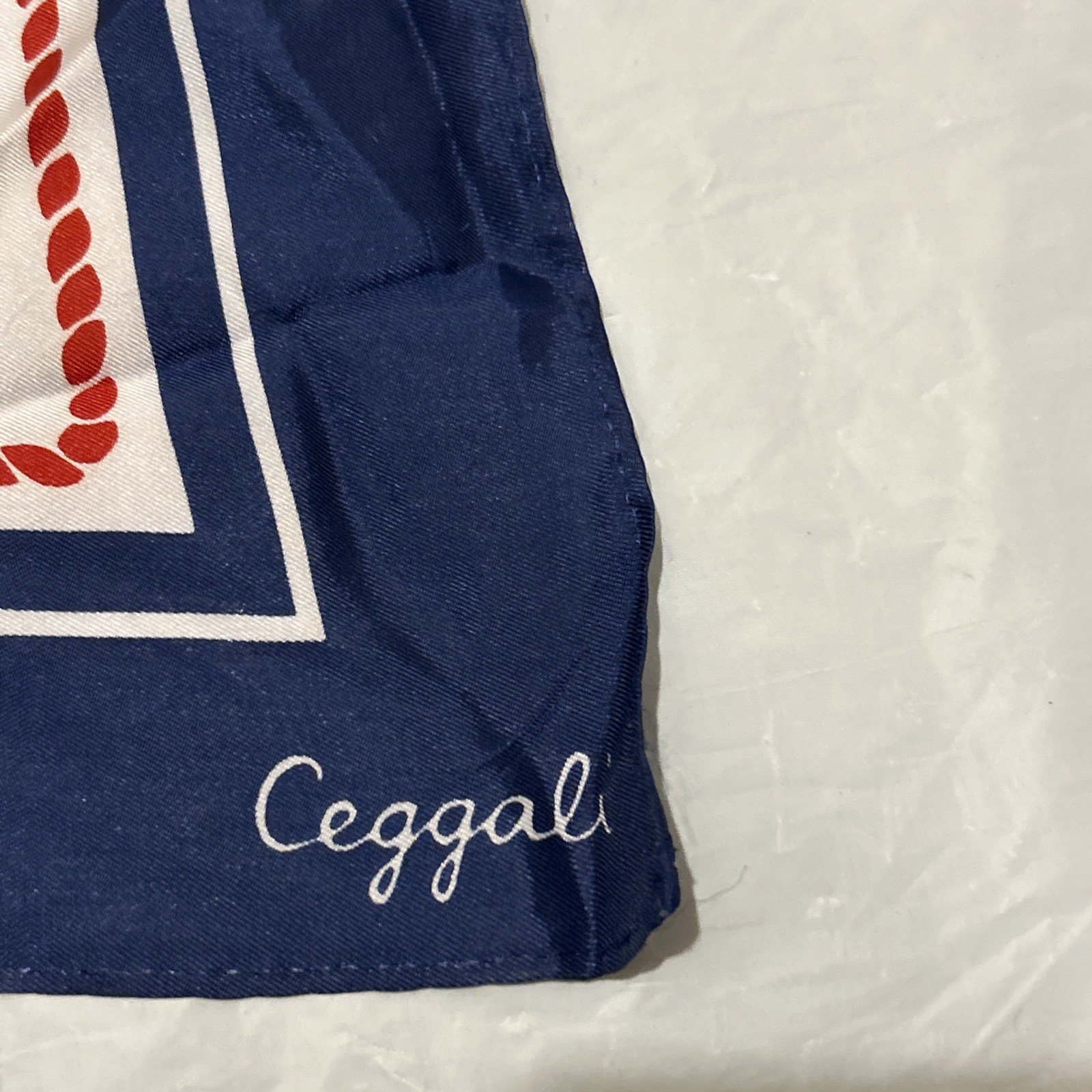 Ceggali nautical scarf white w/ red rope border, navy blue ship wheels, anchors