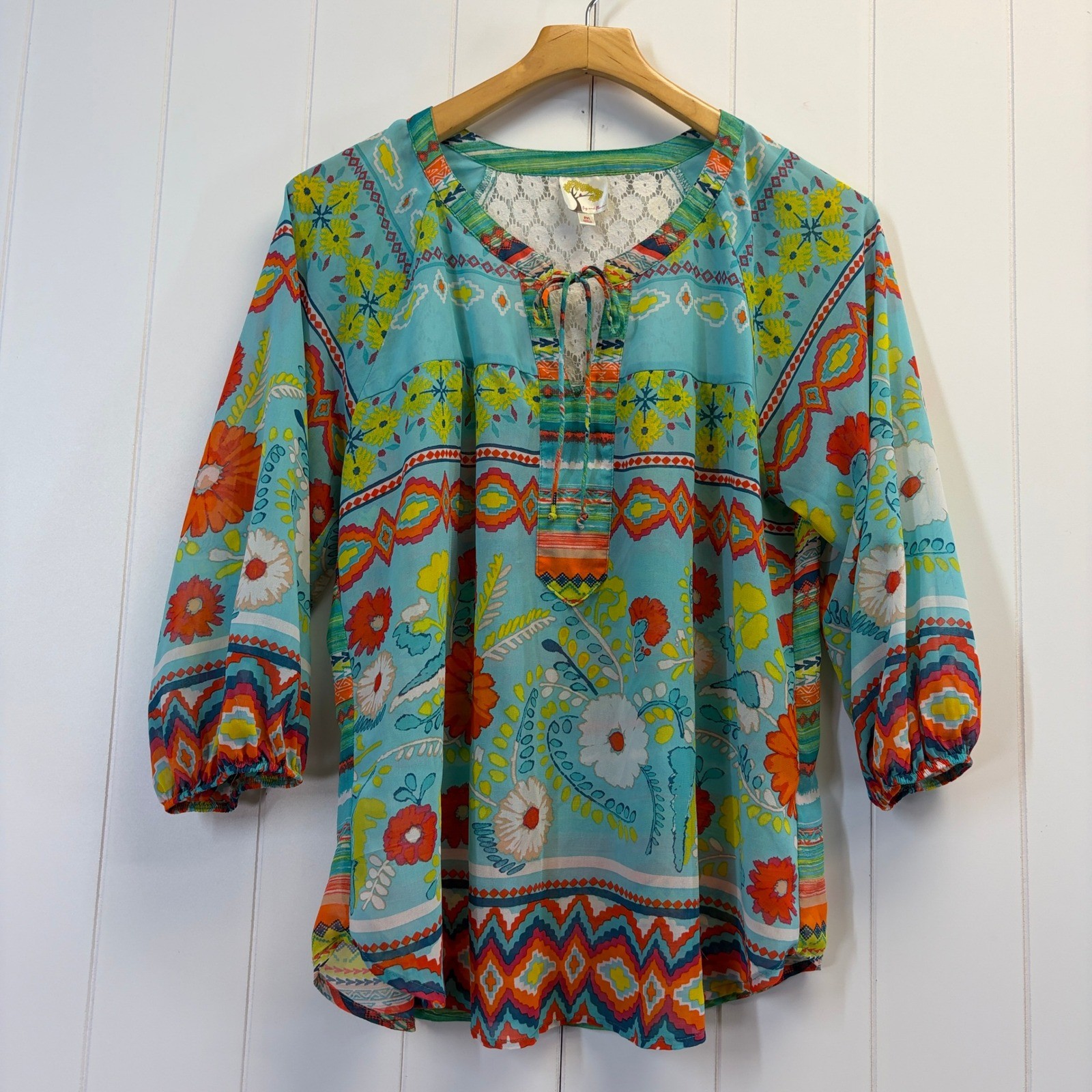 Fig and Flower Boho Southwestern Peasant Top Women Size M Eclectic Summer Chic