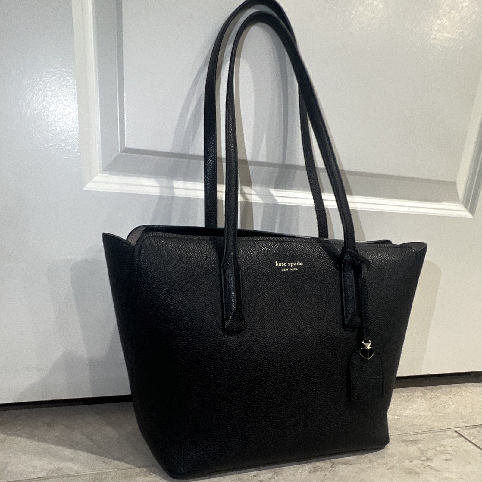 kate spade new york Black Pebbled Tote Bag Zip Top Silver Hardware Lined Charm