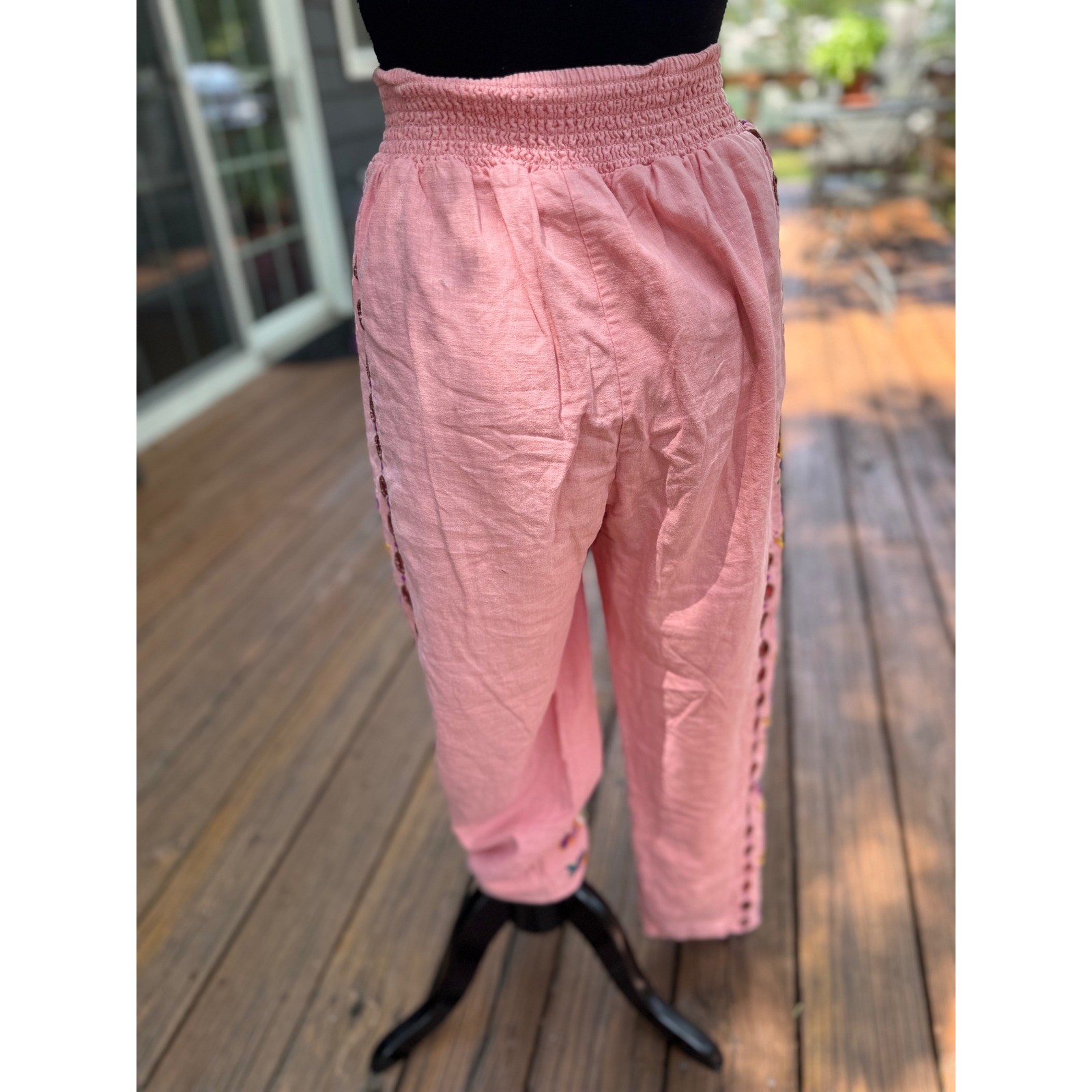 Farm Rio Pink Linen Embroidered Eyelet Smocked Waist Tapered Pants Womens