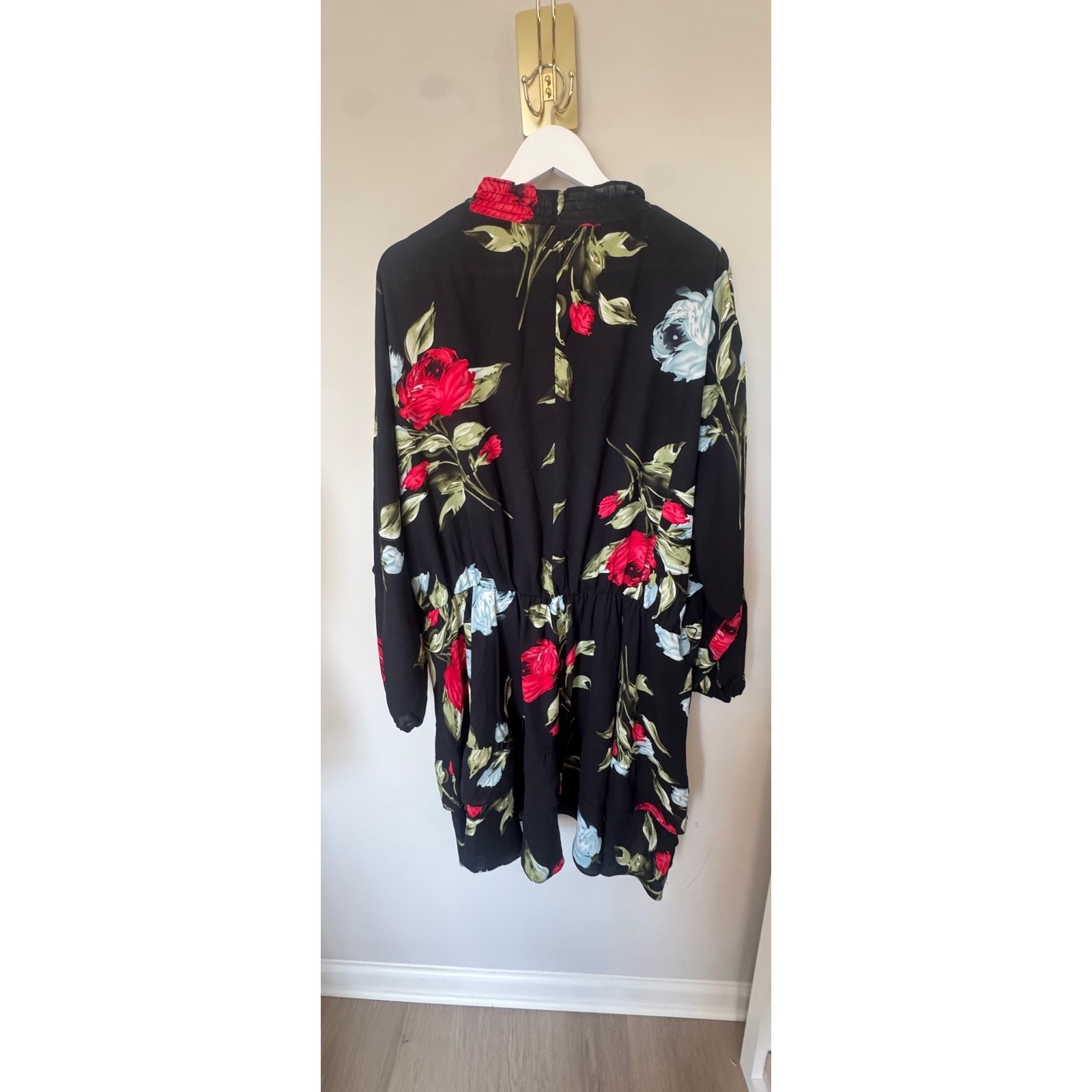 Boohoo Black Red Rose Floral Smocked High Neck Mini Dress Plus Size US 20