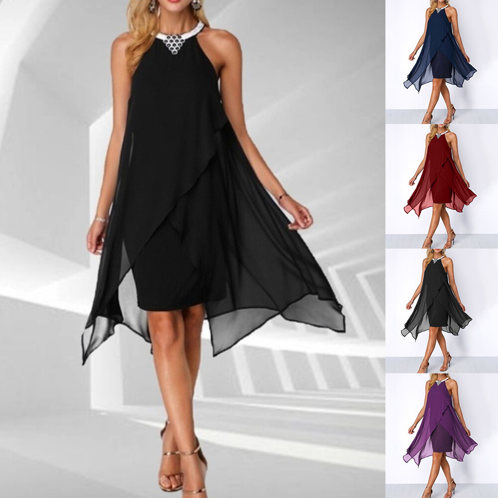Womens Chiffon Halter Neck Mini Dress Ladies Evening Cocktail Party Gown Size 16