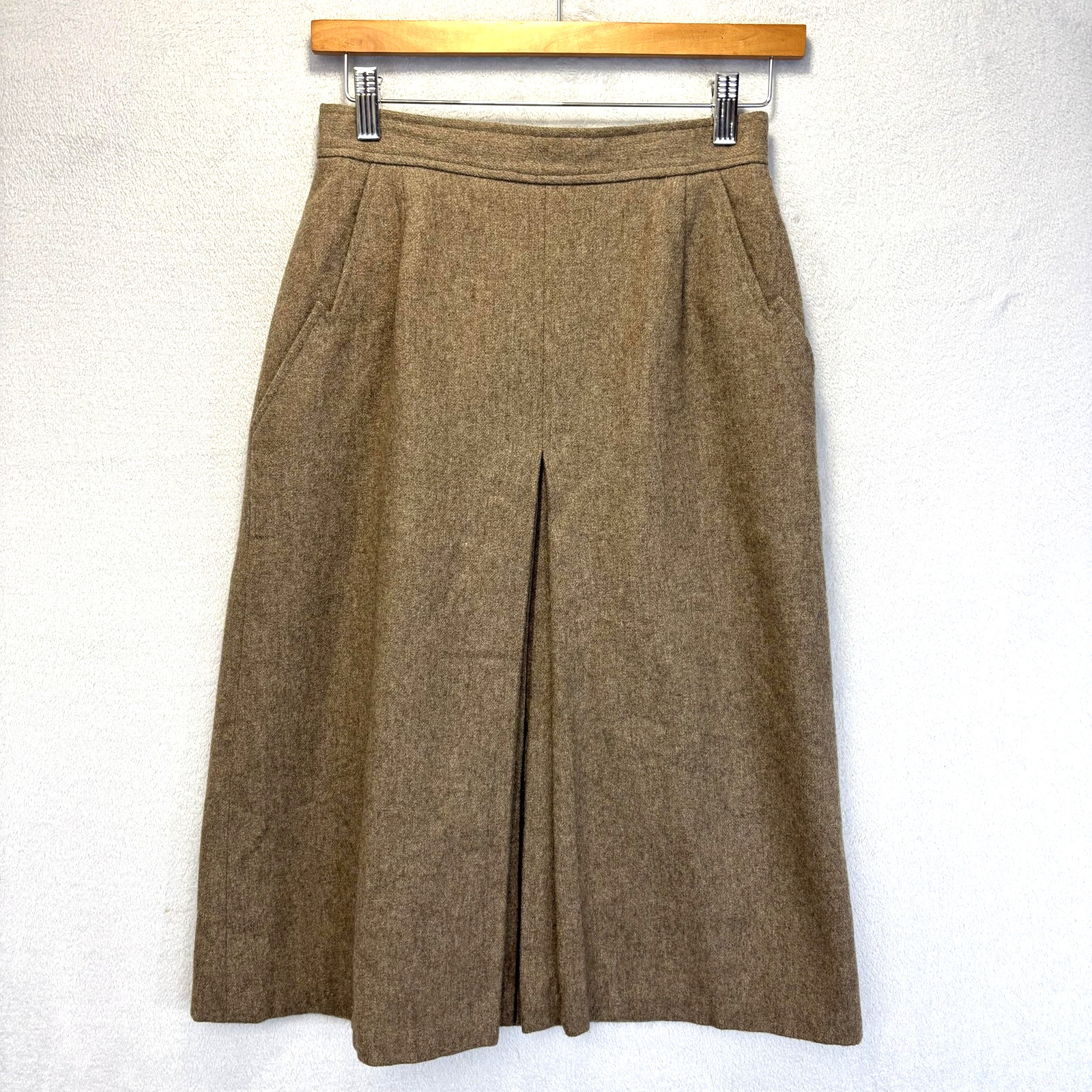 Vintage Tweed Wool Pleated A Line Skirt Medium 9 Brown Midi Slit Academia Office