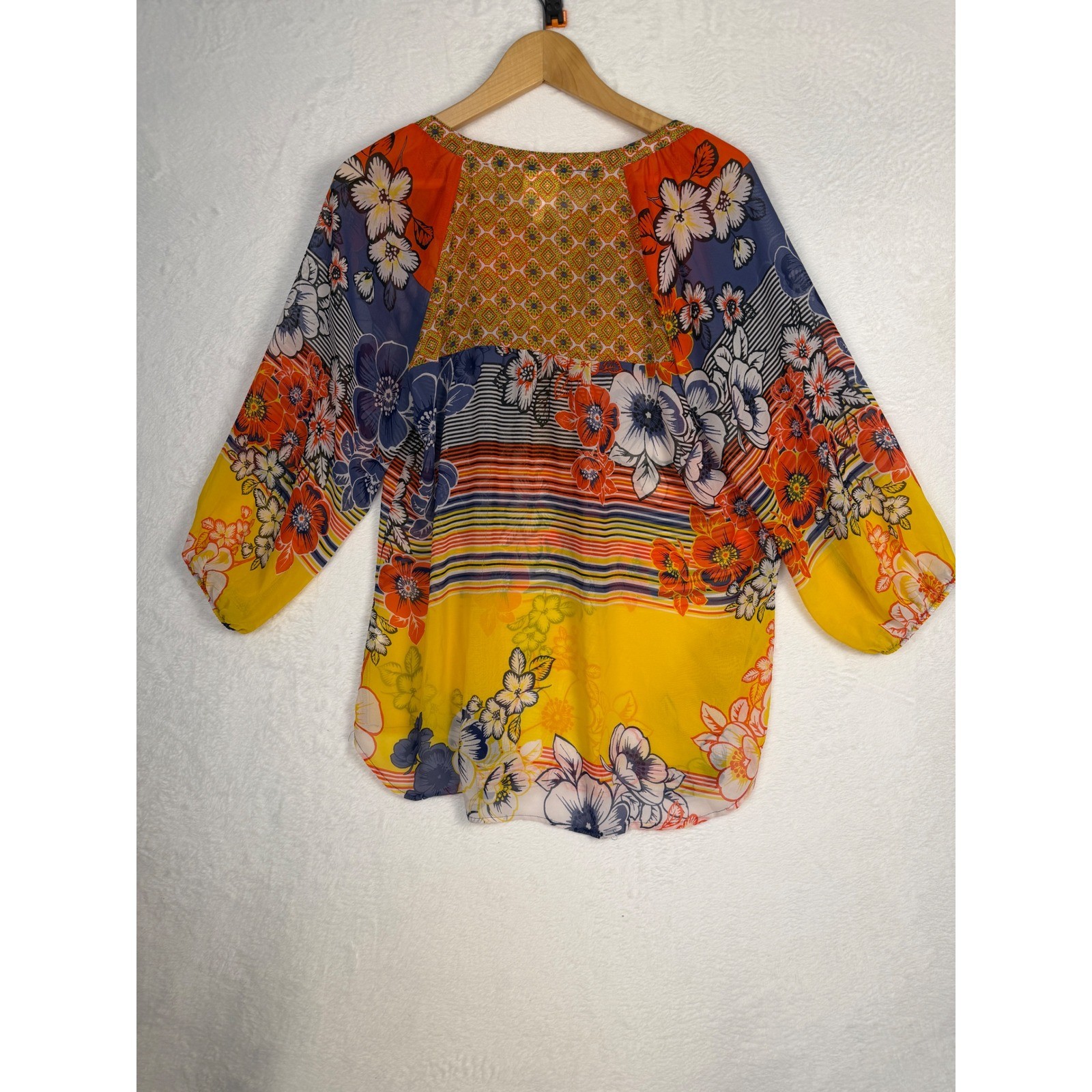 Fig and Flower Floral Peasant Blouse 1X Multicolor Boho Tie Neck 3/4 Sleeve Top
