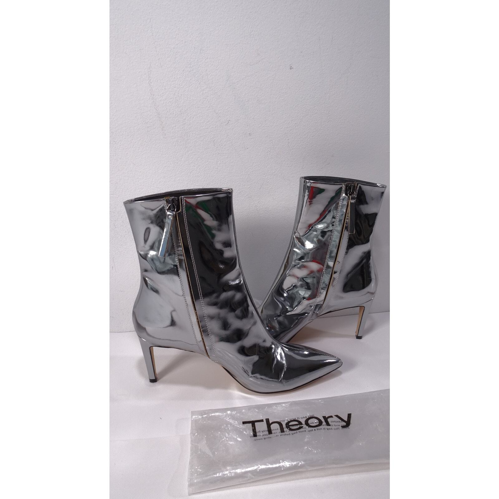 Theory City Patent Leather Heeled Pointed Ankle boots Sz 41 NWB 550 Metallic