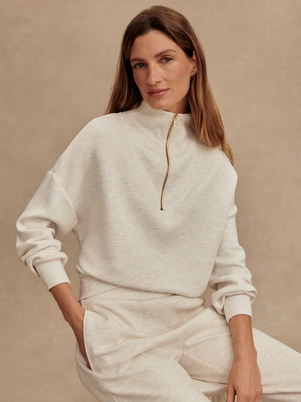 Varley Doublesoft Hawley Half Zip Ivory Marl Sweatshirt Size S