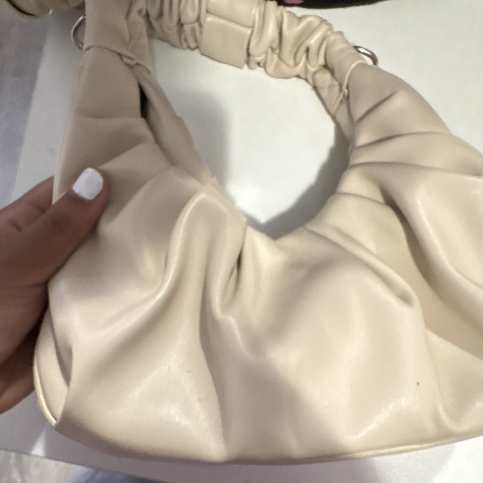 Women’s Beige Ruched Crescent Shoulder Bag Solid Pattern Silver Hardware