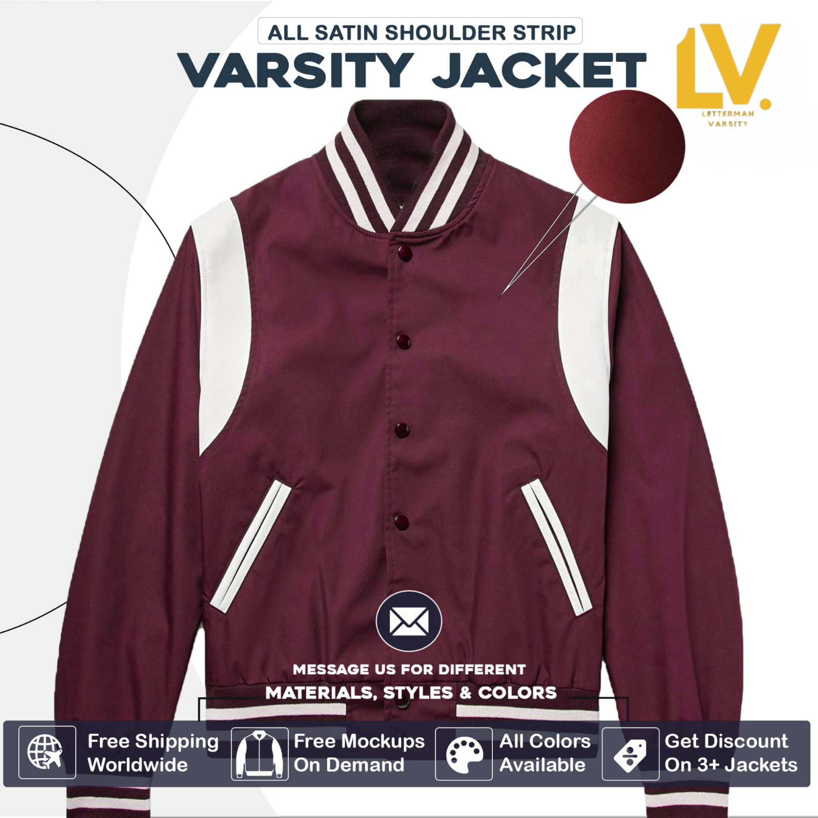 Varsity Letterman Jacket Satin Maroon White Striped Shoulder For Men, Women Kids