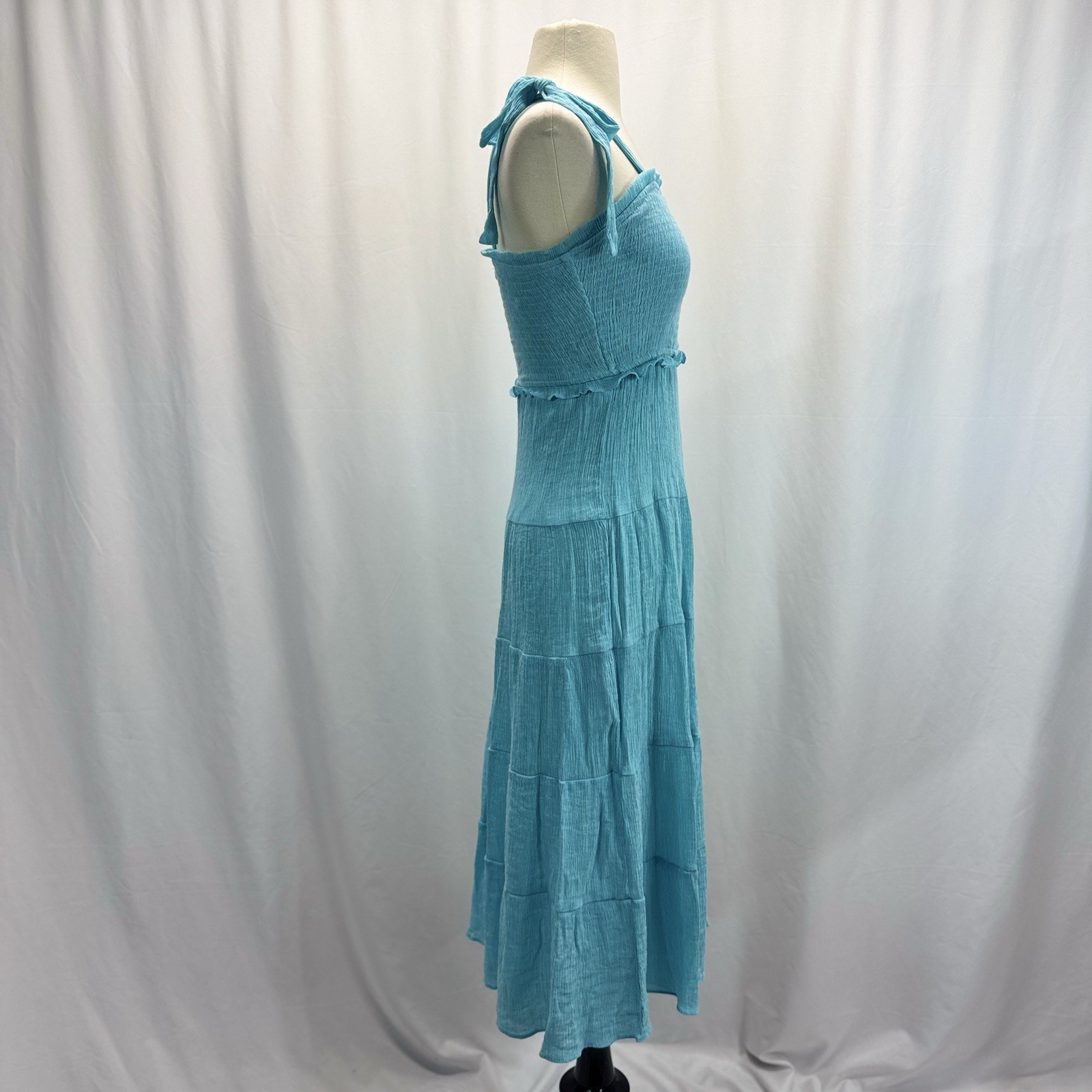 Altar’d State Floral Tiered Midi Sun Dress S Blue Green Tie Strap Smocked Bodice