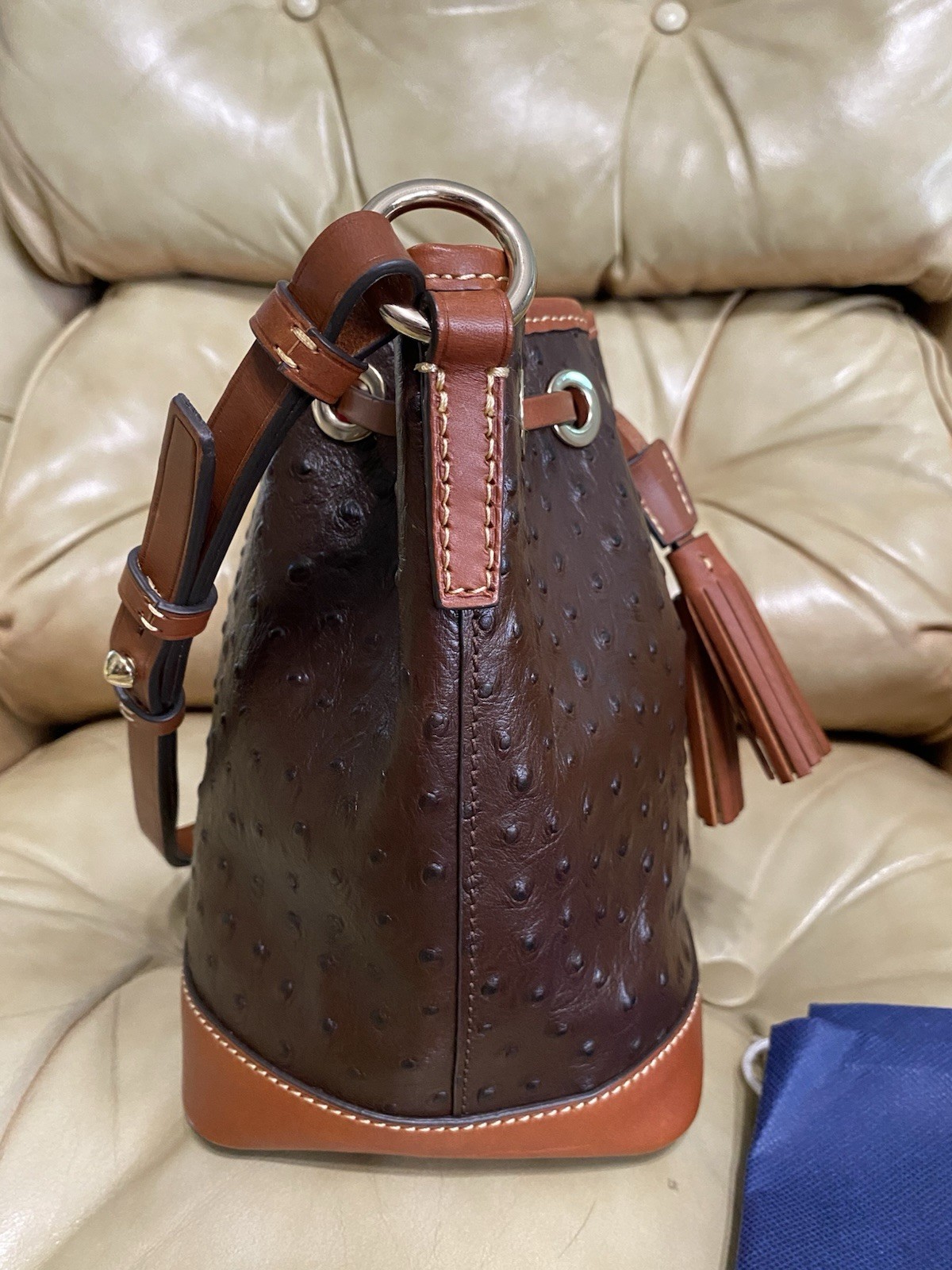 Dooney & Bourke Ostrich Small Drawstring Shoulder Bag Leather Bucket