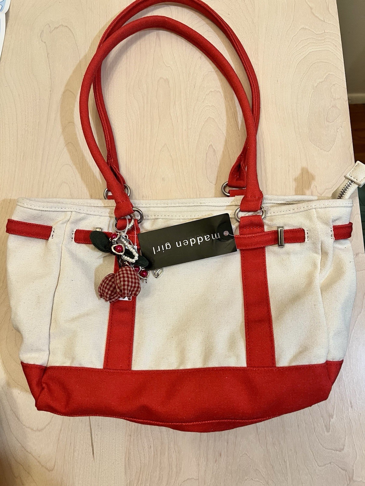 Madden Girl cream and red tote bag with Heart charm