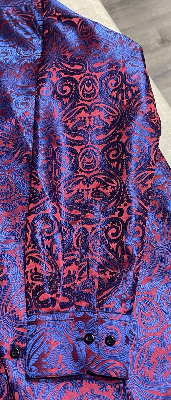 Barry Wang Men’s Red & Blue Paisley Silk Button Down Front Dress Shirt Sz M