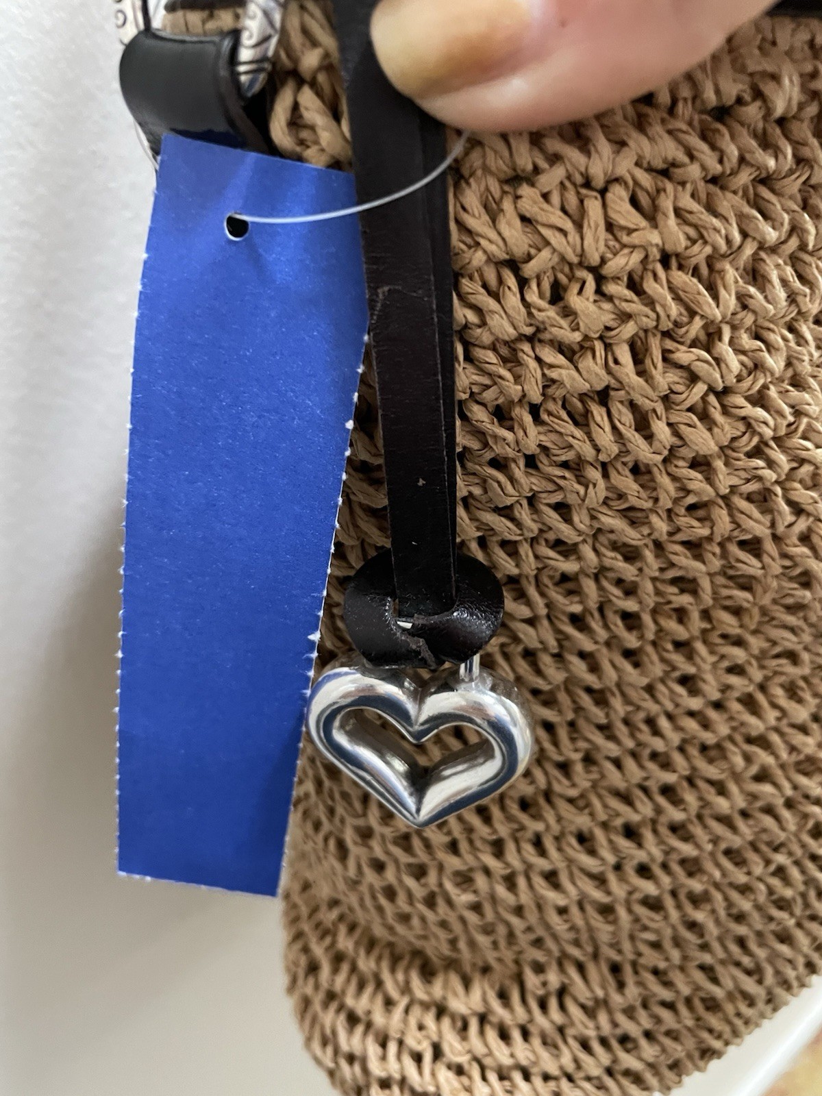 Brighton Tan/Black Woven Straw Look Shoulder Bag Turn Lock Braided Heart Charm