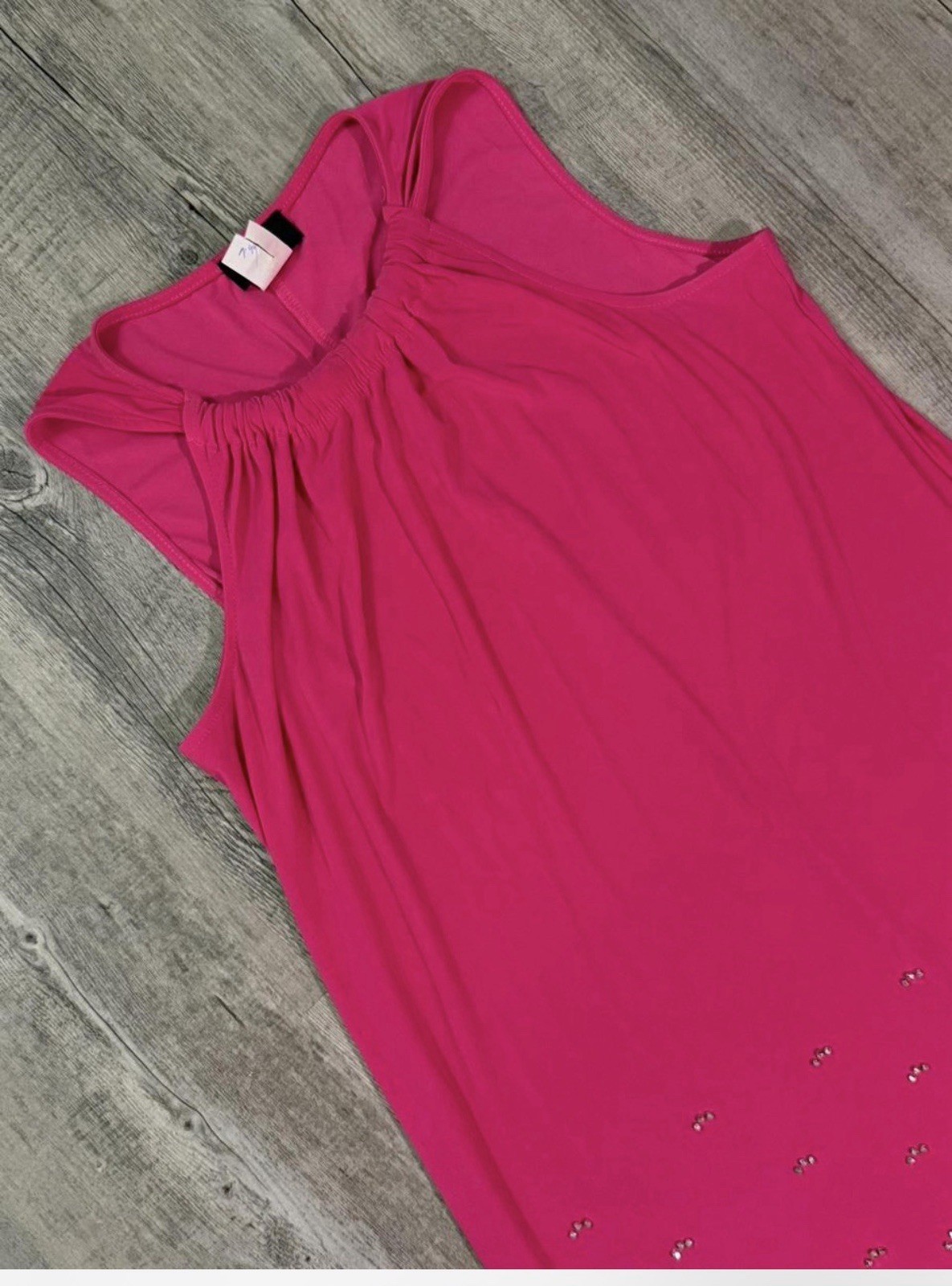 Women’s Pink Solid Shift Dress Round Neck Sleeveless Beaded Hem Knee S