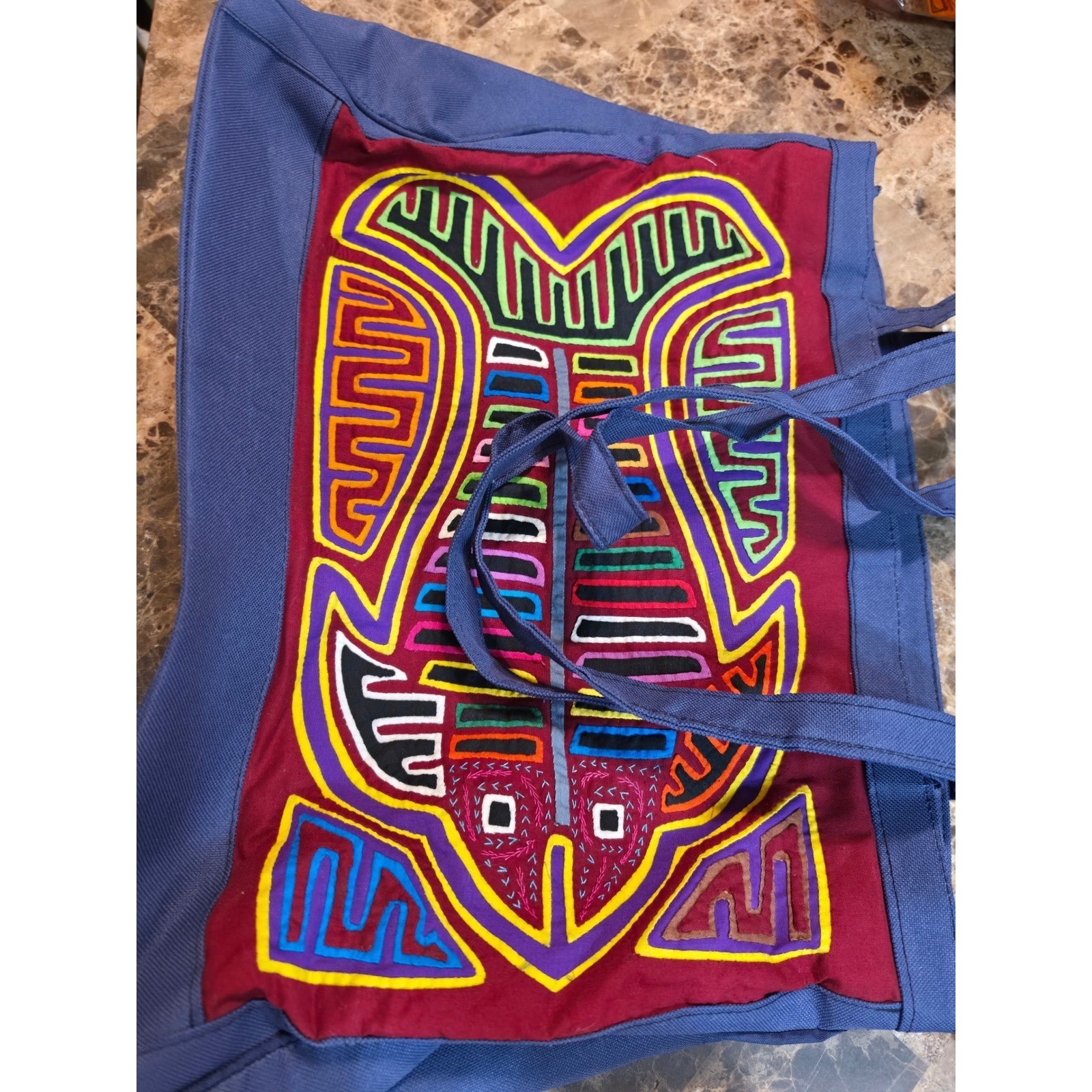 Vintage Panama Mola Art Tote Bag Hand Embroidered Fish Design Canvas Shoulder