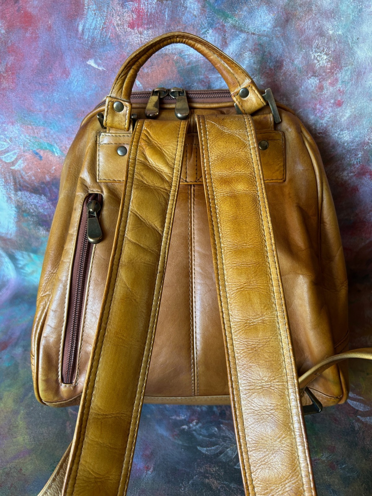 Vintage LE DONNE Saddle-Tan Leather Backpack, Made in Colombia
