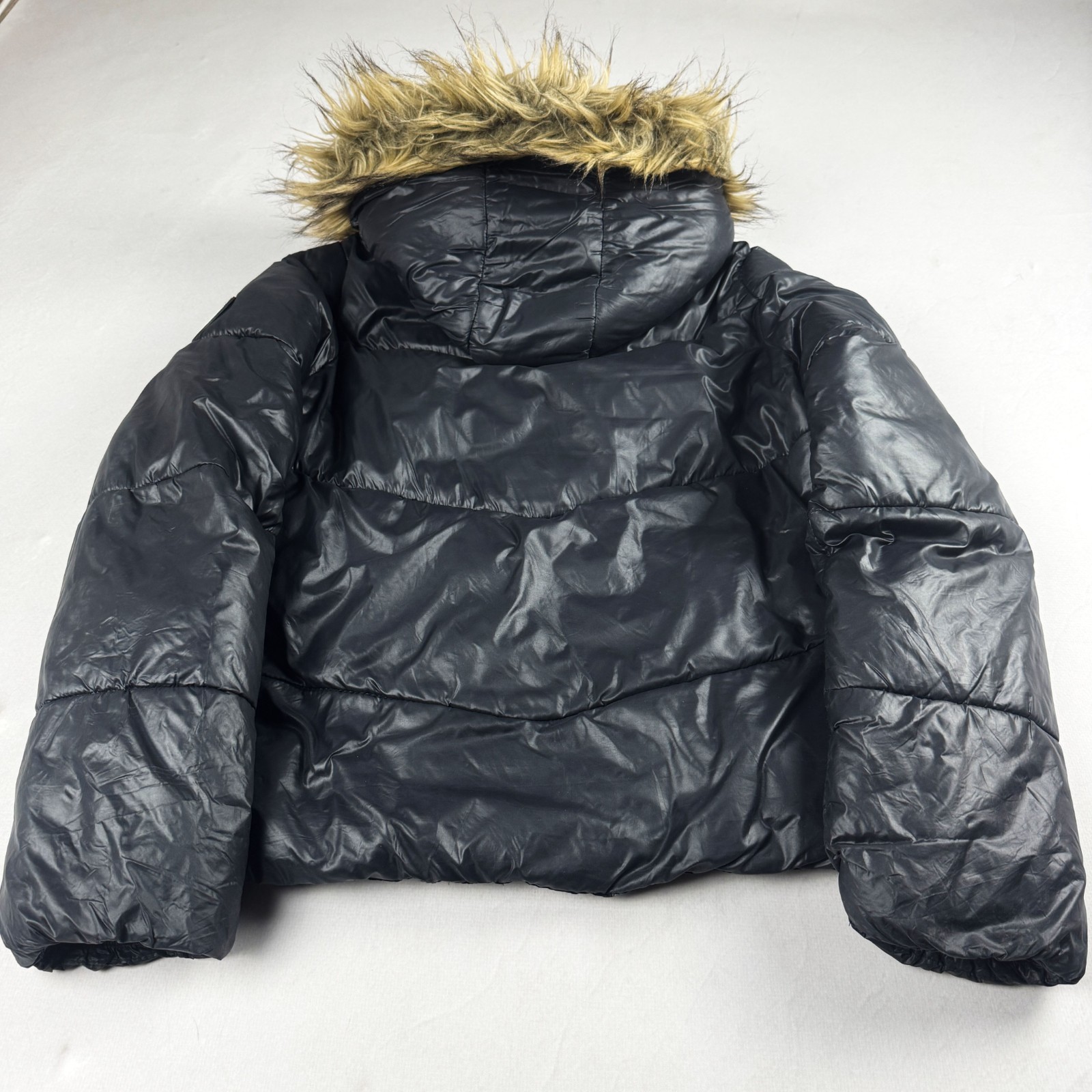 Mens Vintage Blue Puffer Jacket Faux Fur Hood Winter Bubble Coat Y2K Streetwear