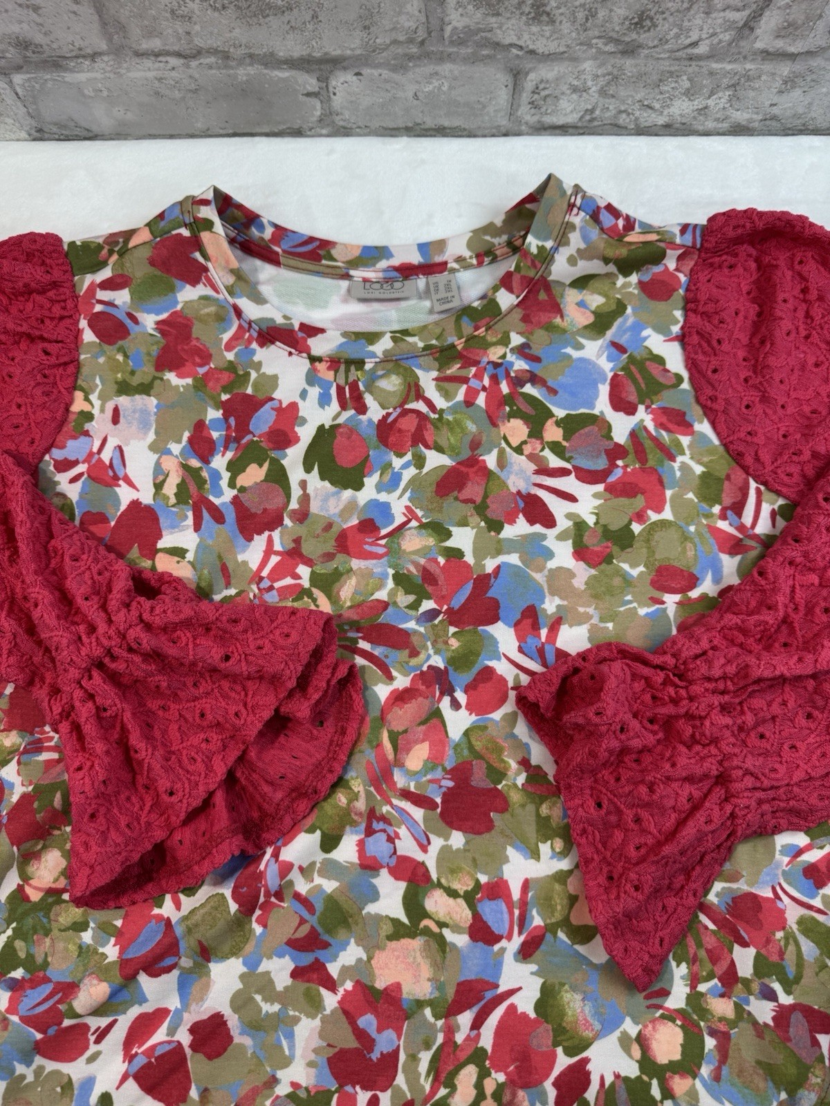LOGO Lori Goldstein 3/4 Sleeve Top Eyelet Lace Sleeve Pink Rose Cloud Pockets 1x