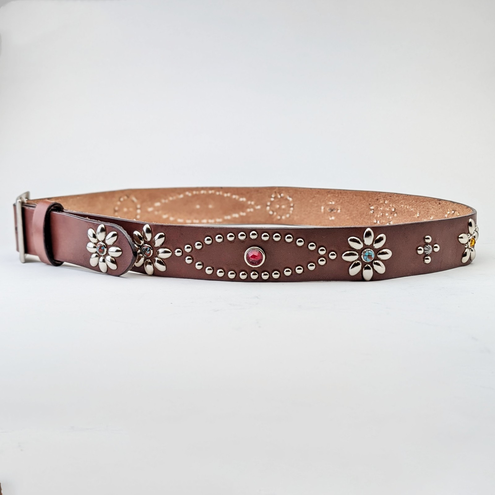 Handmade Dark Brown Leather Studded Biker Belt Vintage Western Style Japan