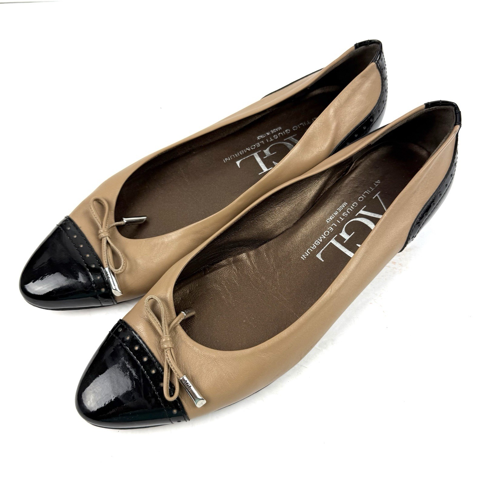 AGL Flats 42 Tan Black Leather Cap Toe Shoes Attilio Giusti Leombruni 11