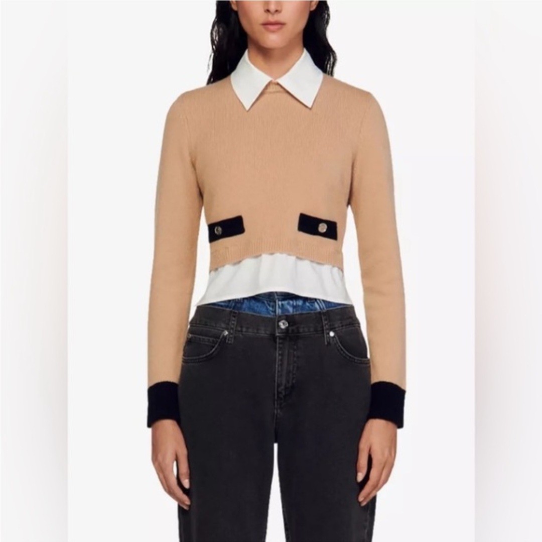 Sandro Dale Cropped Wool Cashmere Layered Sweater Size Small