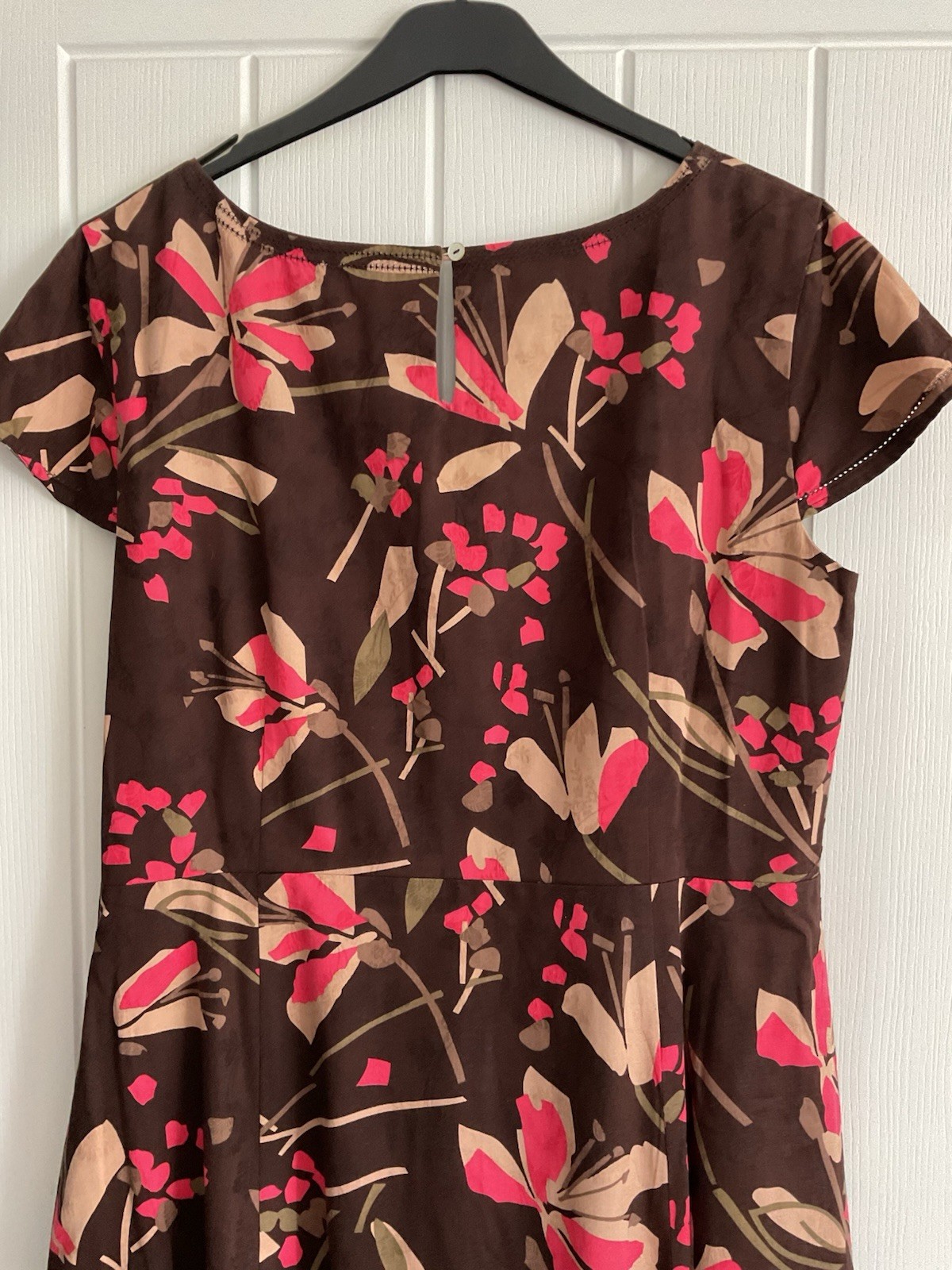 Monsoon Size 16 Brown & Pink Floral Print Cotton Lined Dress VGC See details