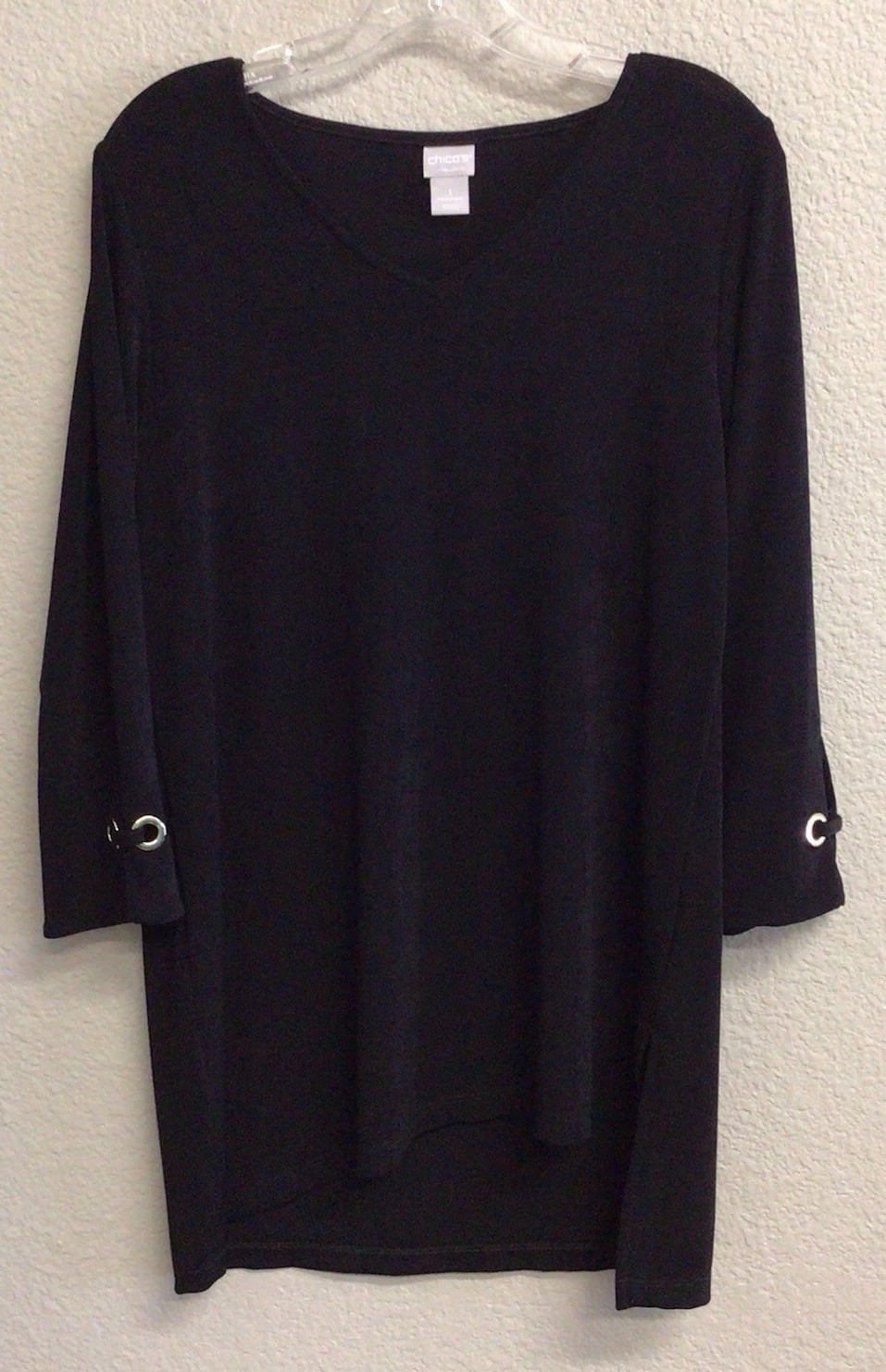 Chico’s Travelers Black Slinky Knit Travel 3/4 Sleeve Blouse Sz 8-10 Shirt Top