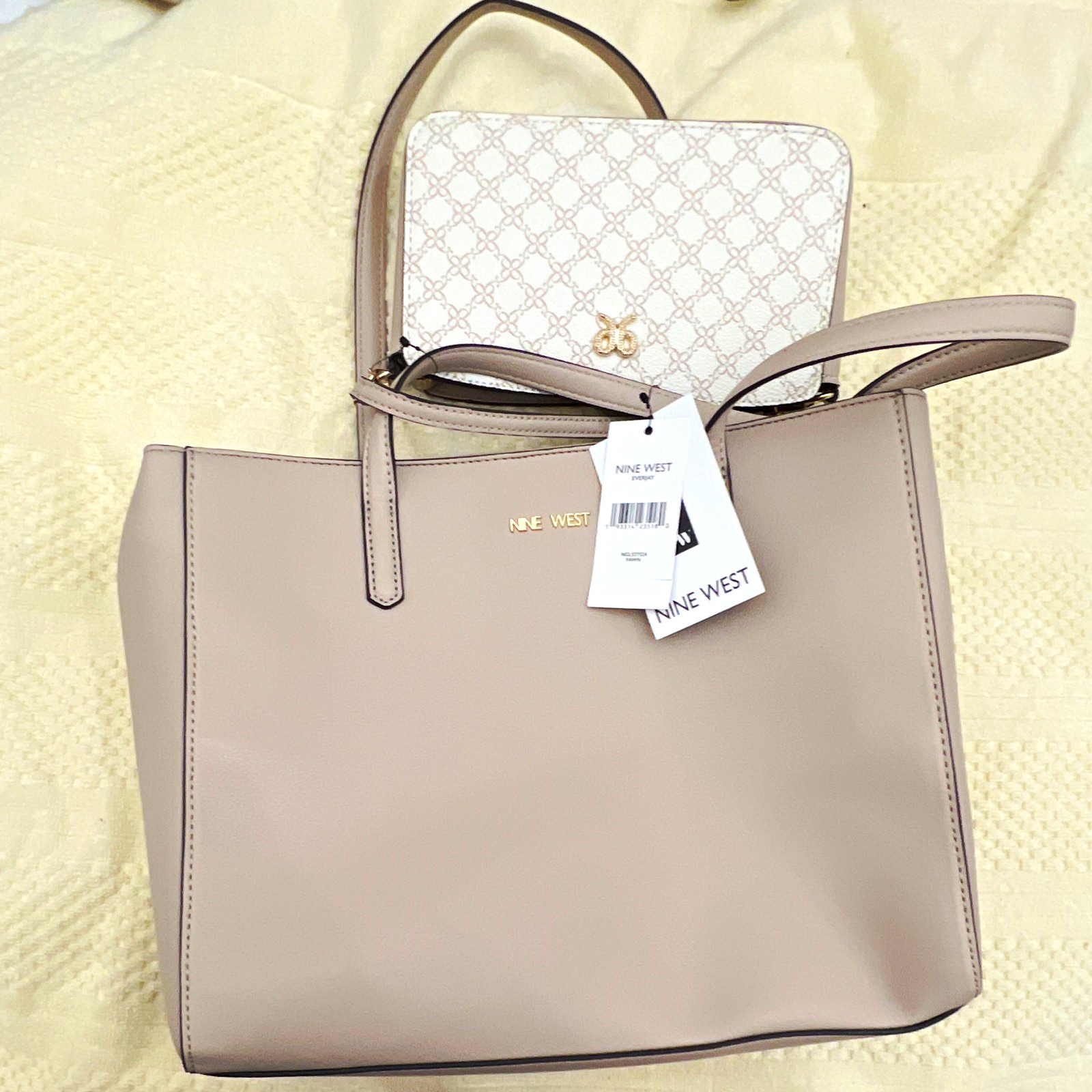 Nine West 2-in-1 Large Beige Tote Zip Closure Removable Pouch Detachable Strap