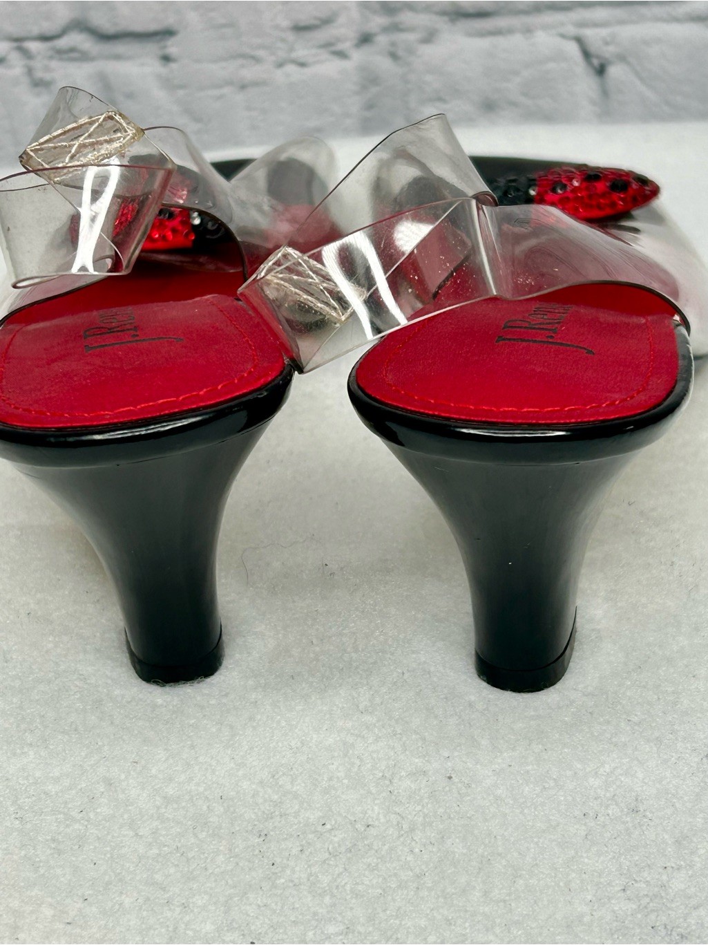 J. Renee Clear Vinyl Slide Sandals Red Black Rhinestone Ladybug New Size 8.5
