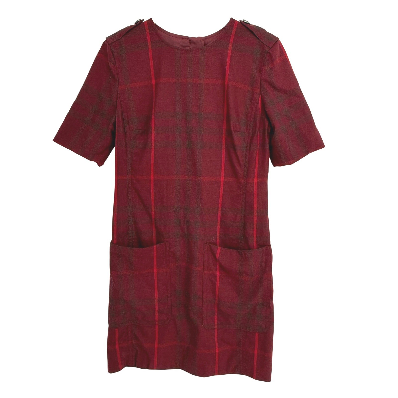 Burberry Brit Plaid Wool Shift Dress Womens 10 Red Excellent Short Sleeve Pocket