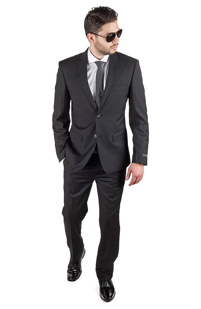 Solid Black Slim Fit Mens Suit 2 Button Notch Lapel Fitted Flat Front Pants AZAR