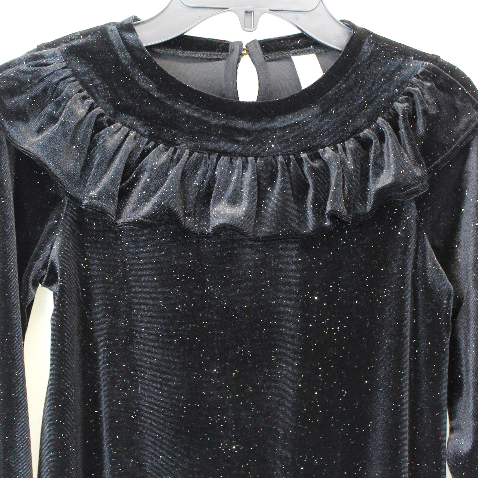 J.Crew Crewcuts Girls BLACK Sparkly Velvet Ruffle Neck Long Sleeve Top Size 6-7