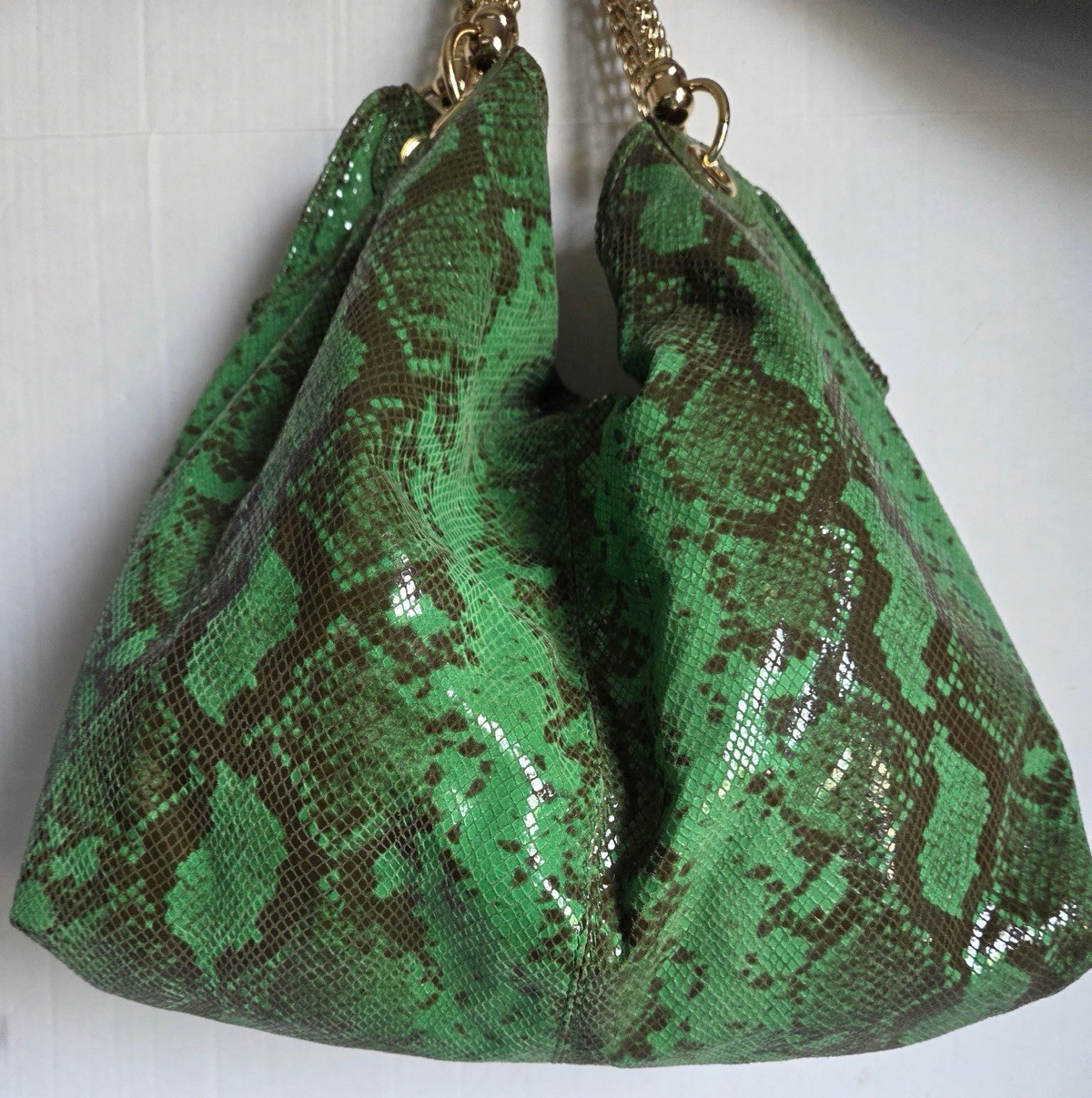 Antonio Melani Green Snake Print Leather Hobo Shoulder Bag Gold Chain Large