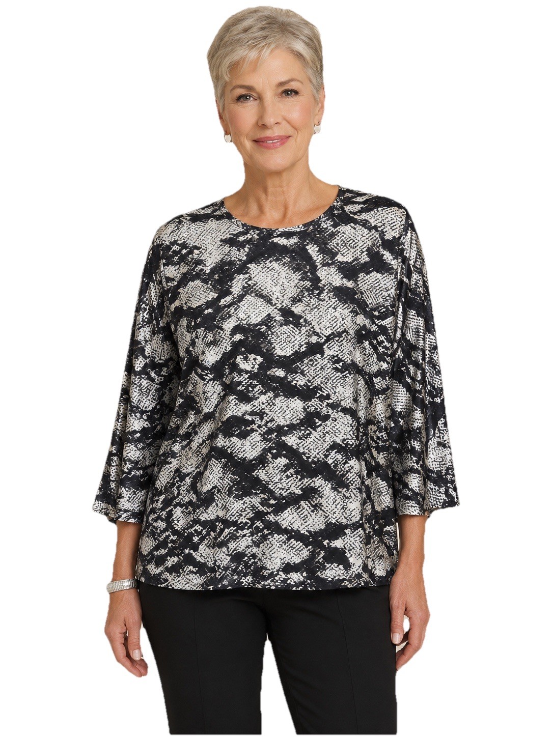 Chico’s Black/White Snake Print 3/4 Sleeve Round Neck Tunic Top Size 3