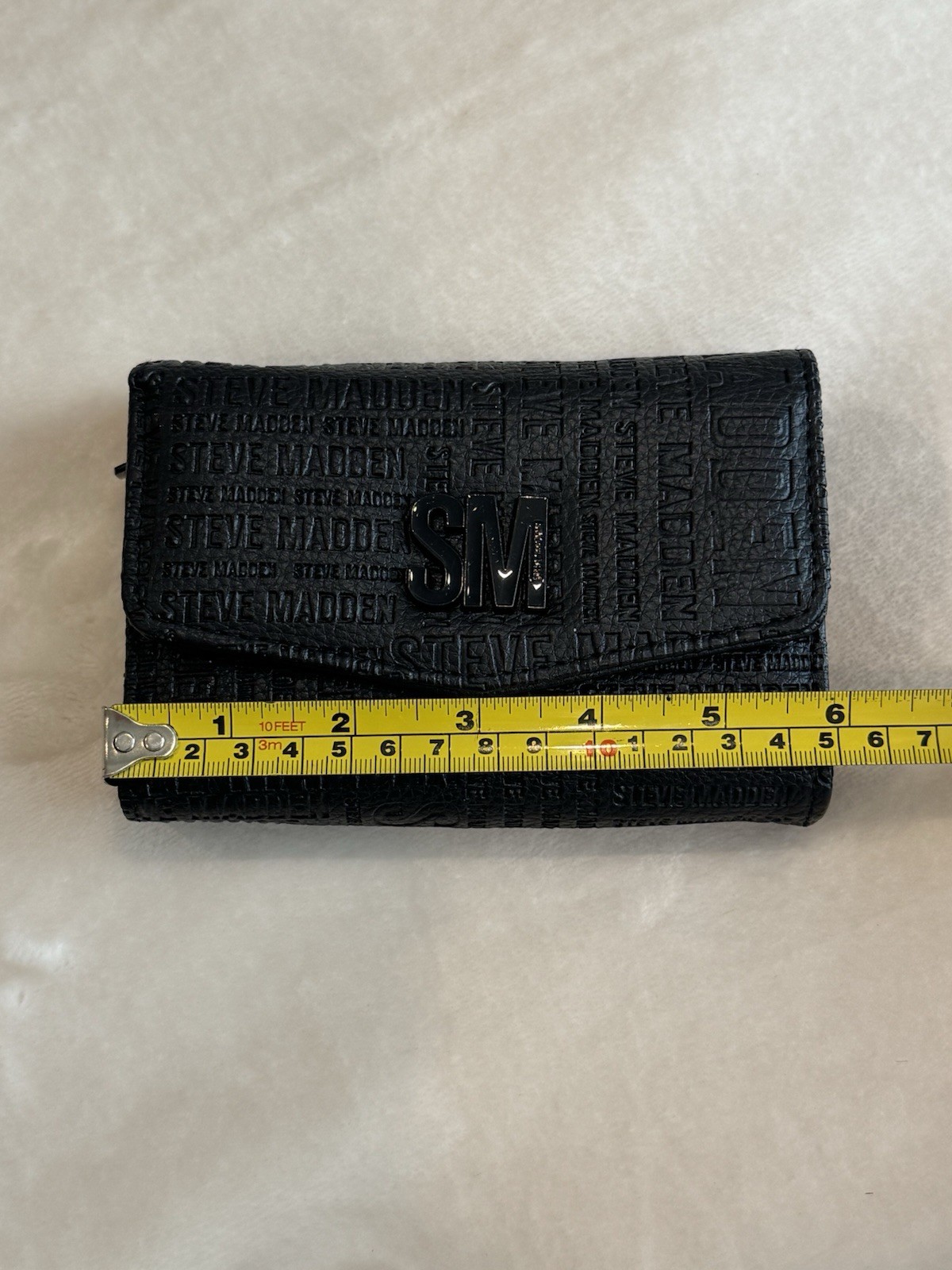 Steve Madden Black Folding Wallet Logo Zipper Button Credit Card Women