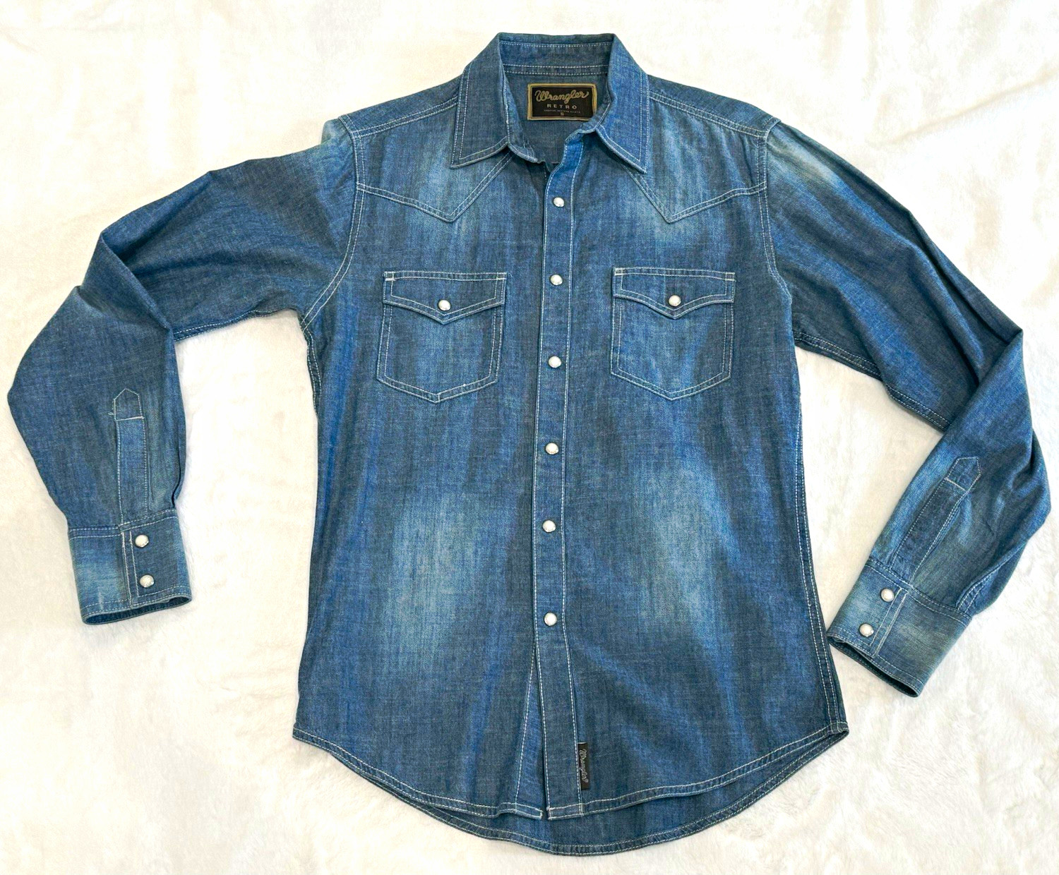 Wrangler Retro Men’s S Blue Denim Cotton Snap Button-Up Shirt Pockets MVR151M