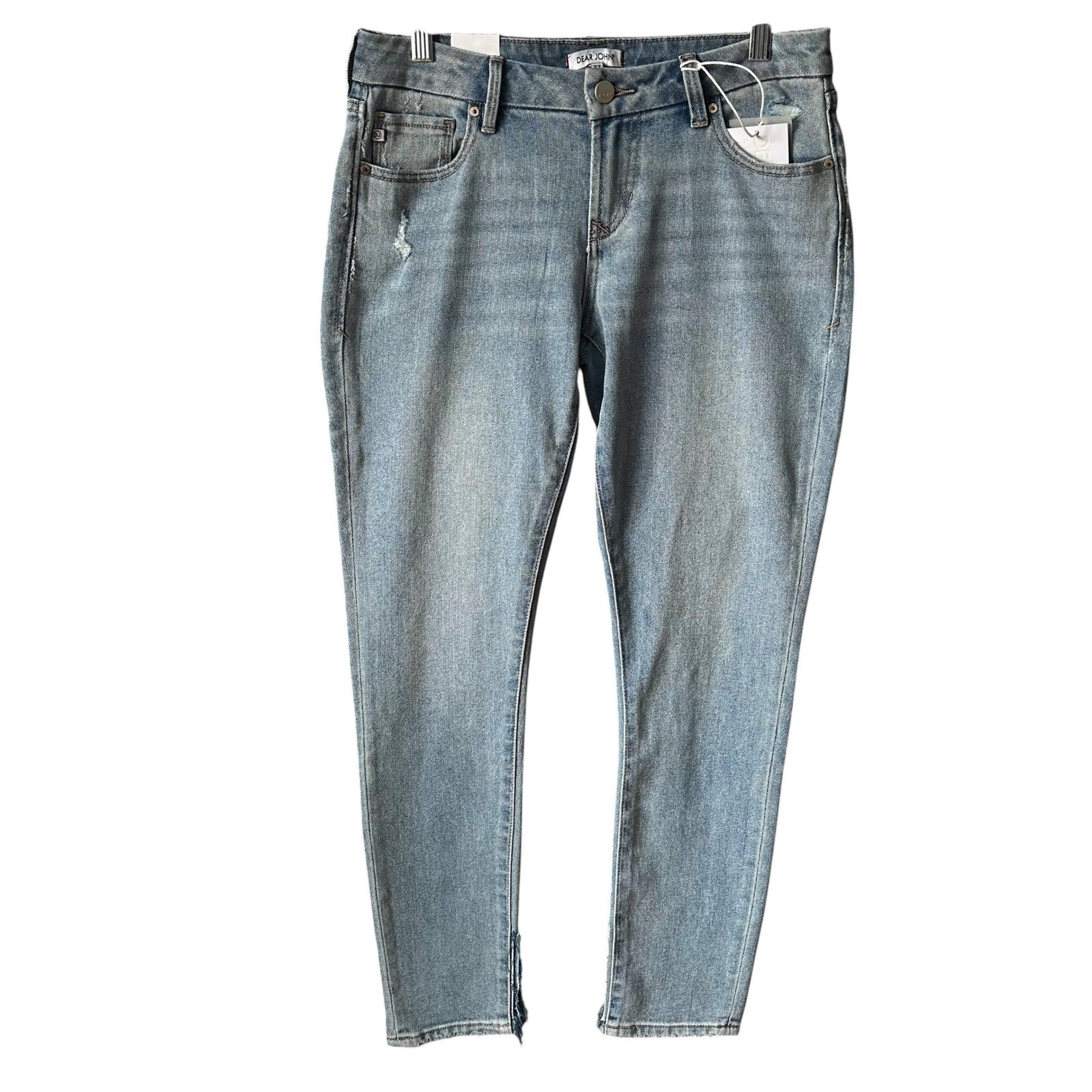 Dear John Joyrich Comfort Skinny Jeans Light Wash Distressed Split Hem 27 NEW