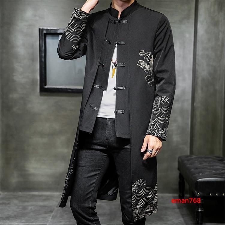 Chinese Style Tang Suit Jacket Mens Mid Long Buttons Slim Embroidery Coats Size