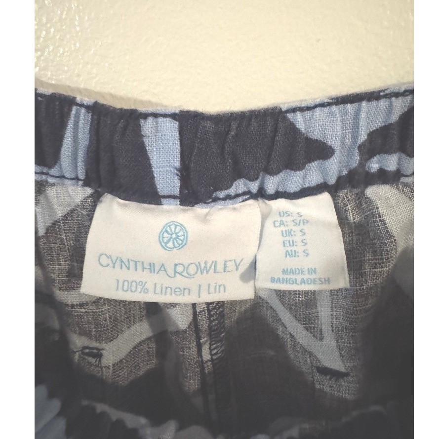 Cynthia Rowley Blue Abstract 100% Linen Wide Leg Pants S resortwear coastal boho