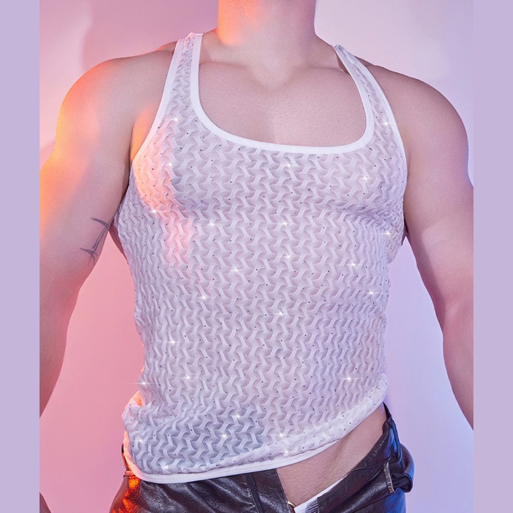 Men’s Sleeveless Tank Top Vest – Wave Pattern 95% Nylon 5% Spandex Undershirt