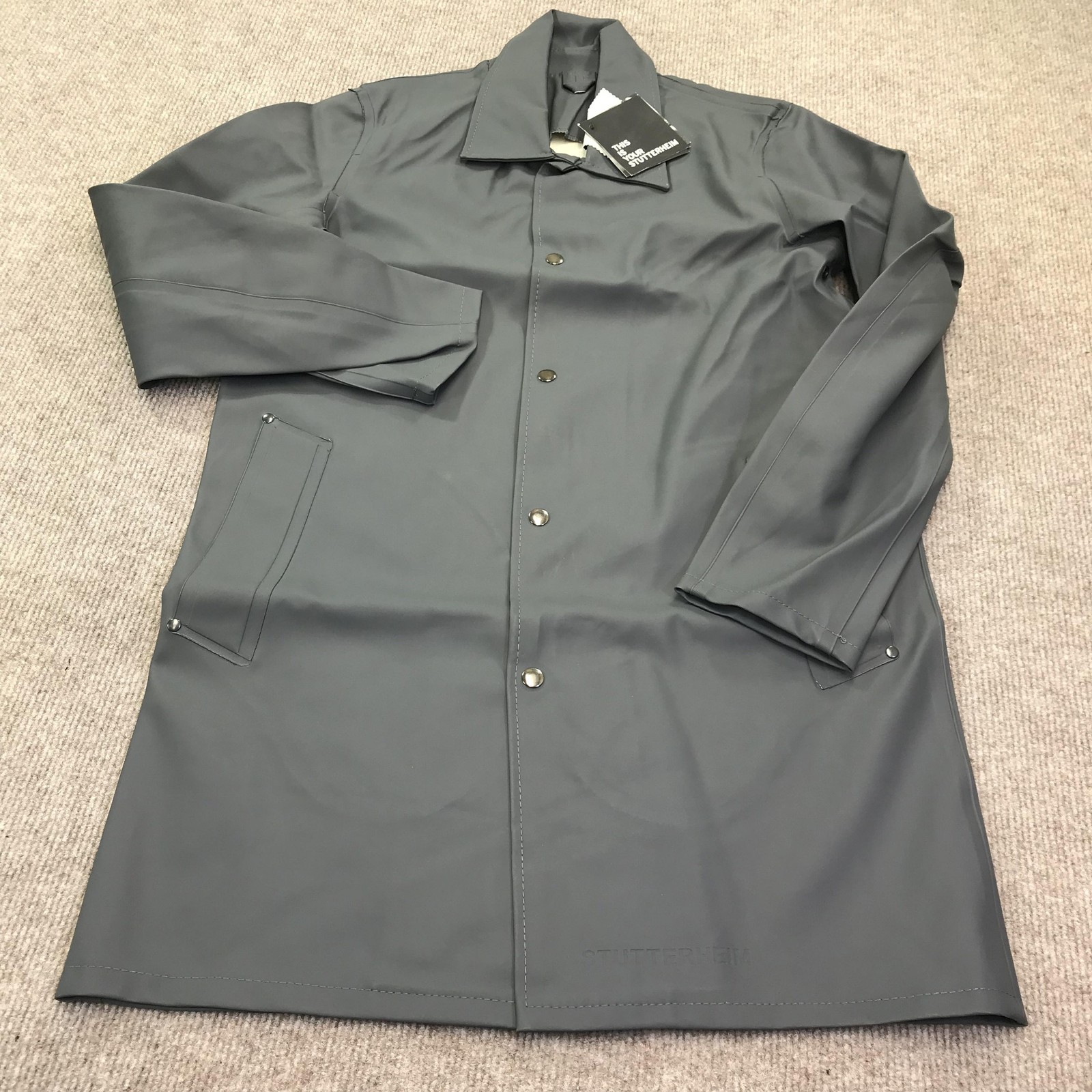 Stutterheim Raincoat Jacket Mens Small Gray Vasastan Waterproof PVC Coated