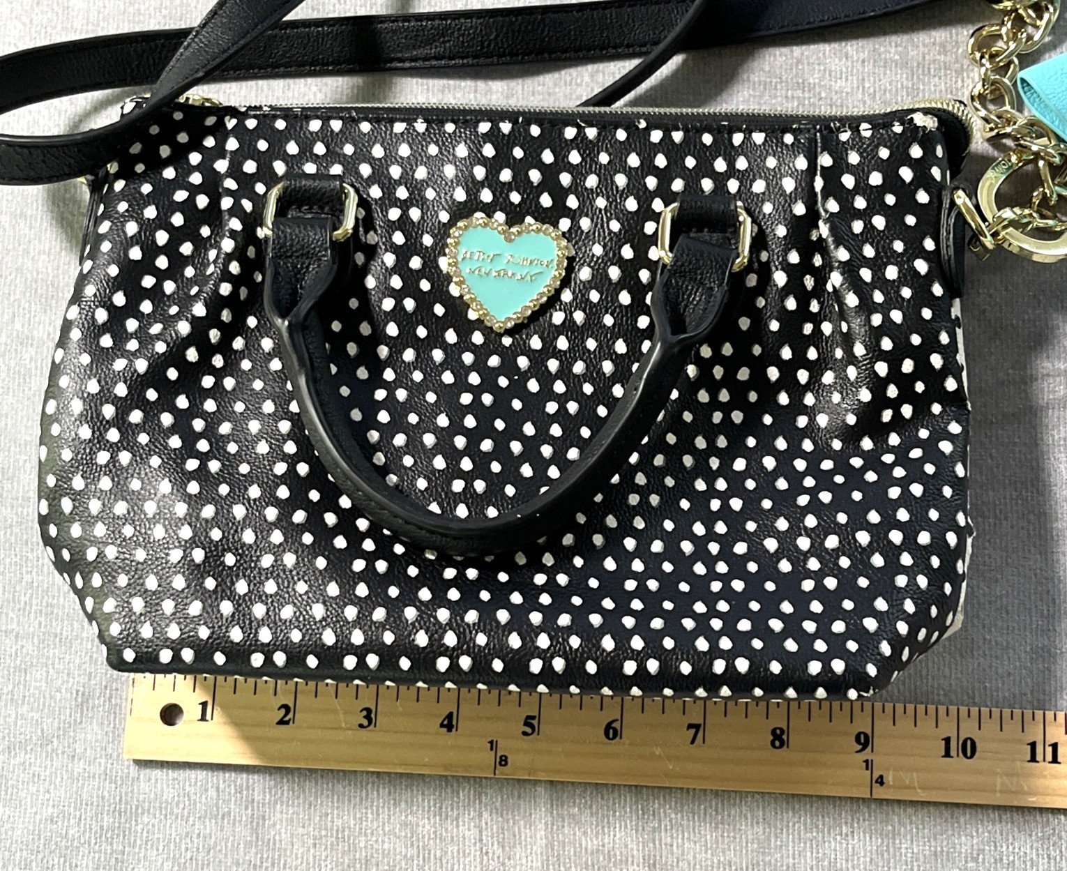 Betsey Johnson Polka Dot Shoulder Bag Purse Black & White Turquoise Bow Charm