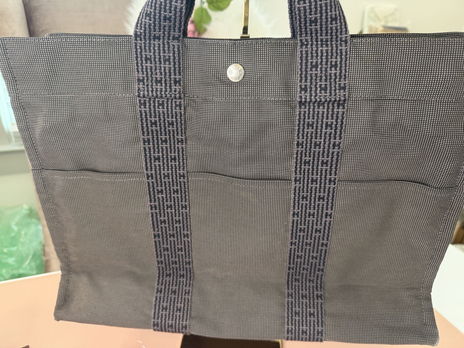 Hermes Vintage Herline MM Canvas Tote Bag Charcoal Grey