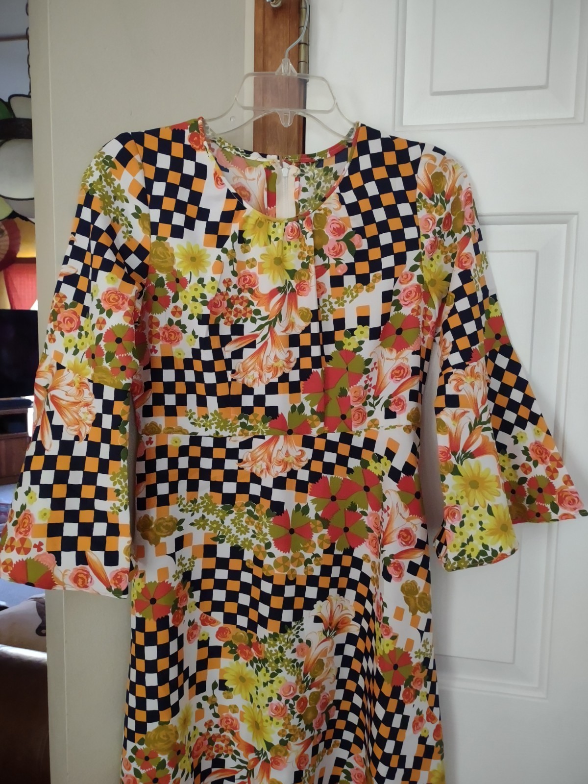 FUNKY FLOWER CHILD MCM ’70S POLYESTER DRESS 3/4 BELL SLEEVES SIZE SMALL HANDMADE