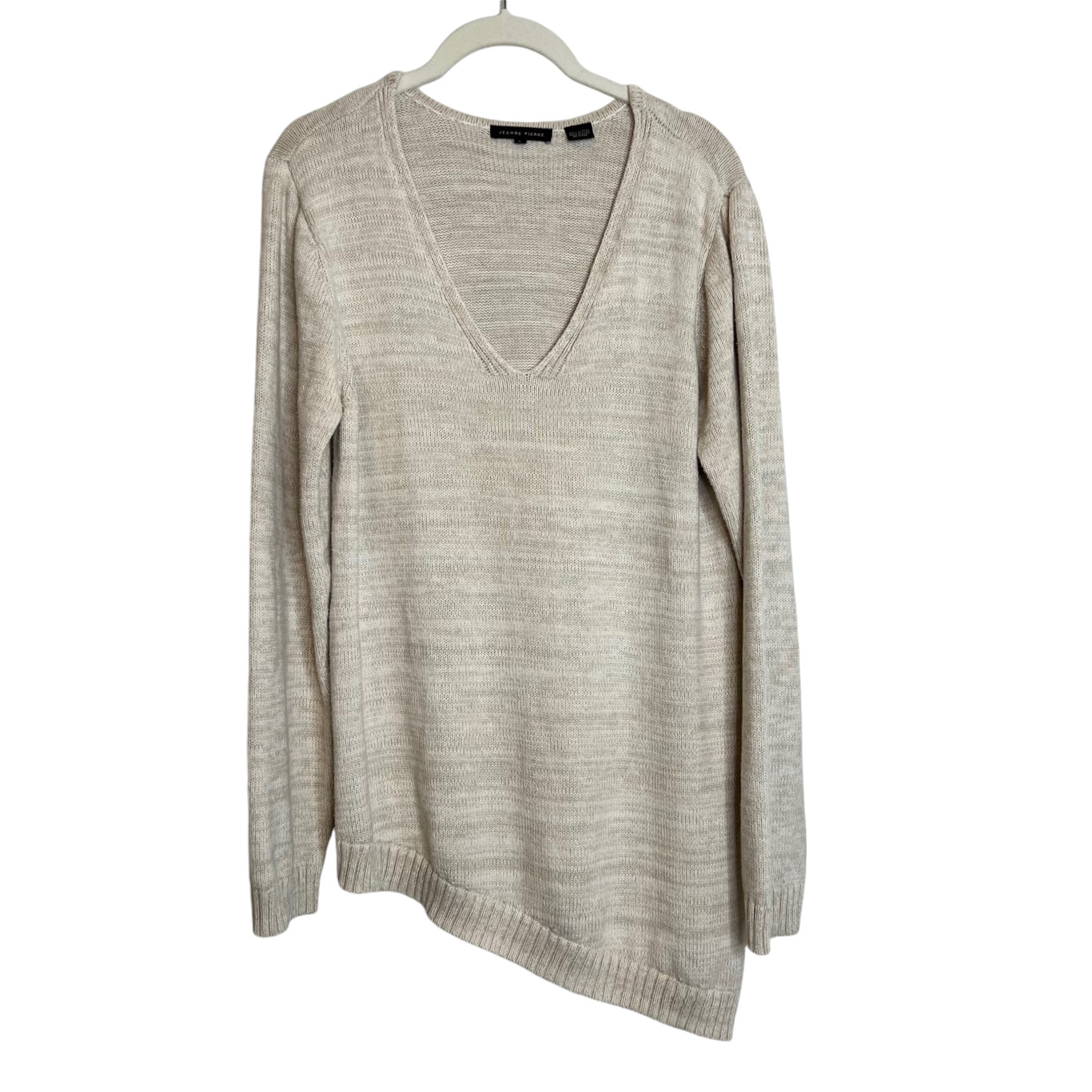 Jeanne Pierre Womens Sweater Size Large Beige V-Neck Asymmetric 100% Cotton