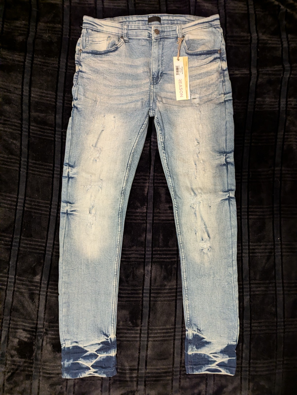 Reason Brand Men’s 36×32 Distressed Light Blue Faded Wash Stretchy Skinny Jeans