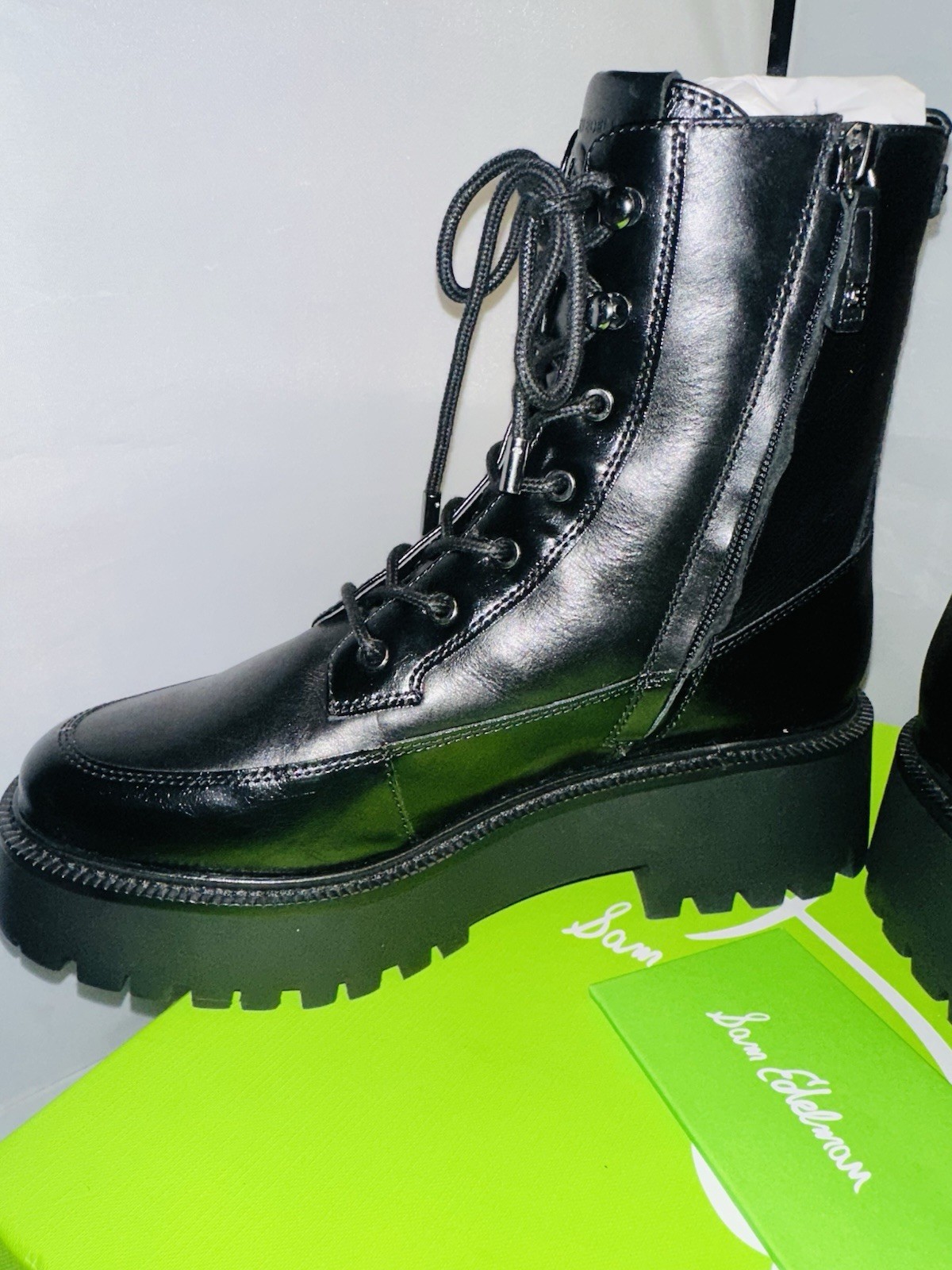 Sam Edelman Elliot Black Leather Combat Ankle Boots Lace-Up Zip Round Toe 9.5M